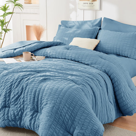 HYMOKEGE Mineral Blue Twin Comforter Set Seersucker 5 Pieces, All Season Luxury Bed in a Bag for Bedroom, Bedding Set with Comforter, Sheets, Pillowcase & Sham