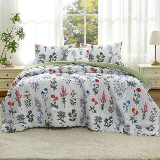JQinHome Queen Comforter Set - 6 Pieces White Botanical Floral Reversible Green Solid Bedding Set, Bed in a Bag with Microfiber Comforter, Sheets & Cushion Cover, Edredones Queen Set Completo