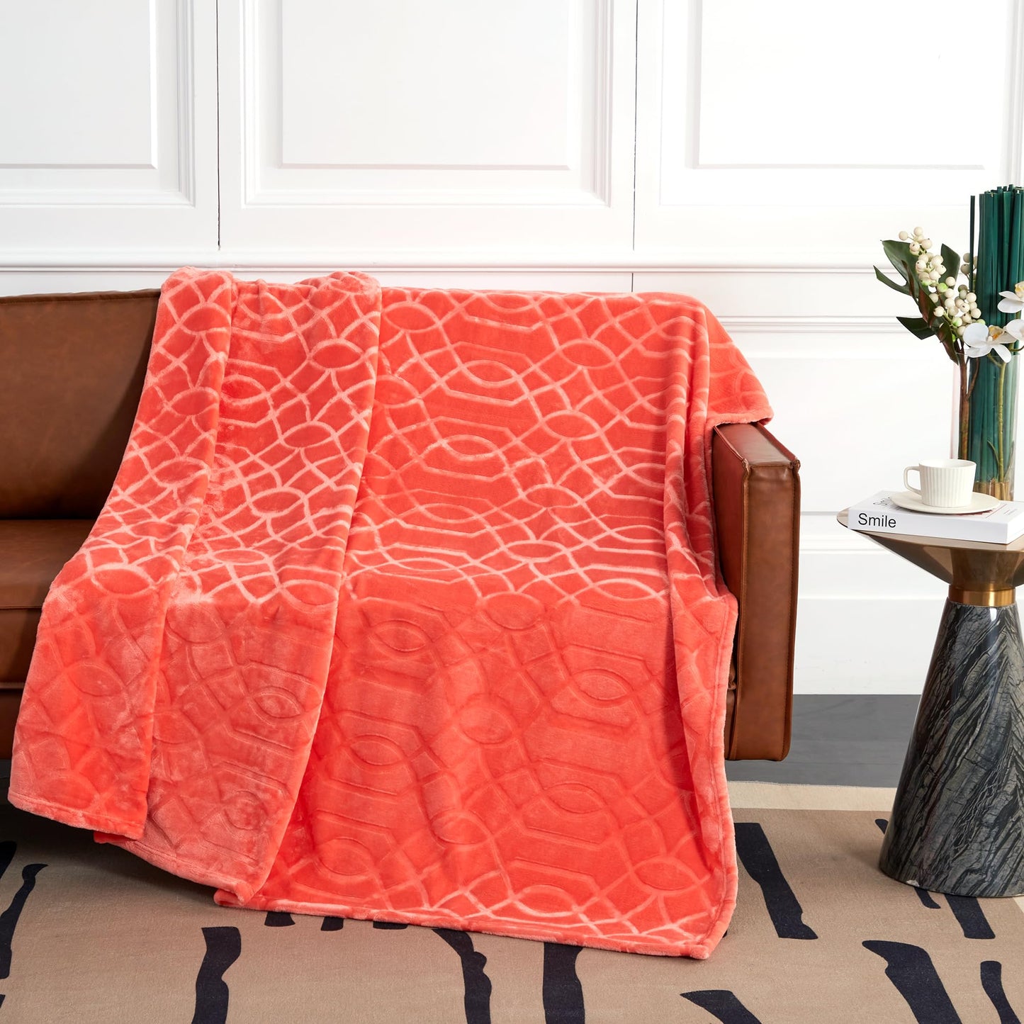 Serenhom Soft Cozy Fleece Twin Blanket, 60x80 Inches – Lightweight Plush Blanket for Couch, Fuzzy 3D Jacquard Design, for Sofa, Bed & Travel - Coral