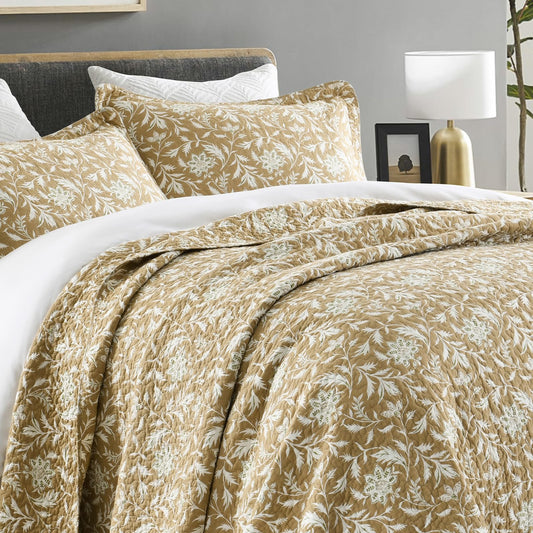 Finlonte Quilts Queen Size 100% Cotton Lightweight Soft Queen Quilt Vintage Botanical Quilted Bedspread Khaki Floral Reversible Quilt Bedding Set 3 Pieces