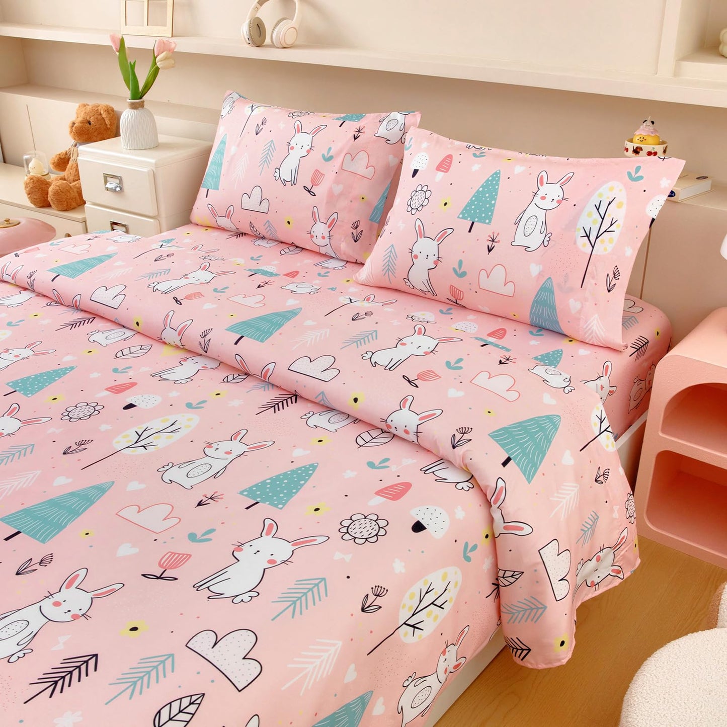 MICORAL Kids Twin Sheet Set Bunny, 3 Pieces Sheets for Boys & Girls, Soft Printed Microfiber Bed Sheets, Deep Pocket Cozy Toddler Bedding Set
