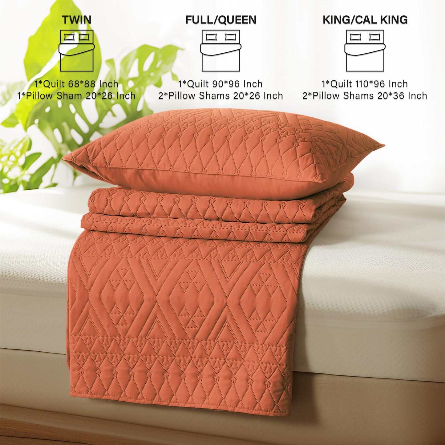 akkialla Full/Queen Size Quilt Bedding Set,Burnt Orange Lightweight Microfiber Soft Bedspread,Modern Style Geoetric Pattern Coverlet Set for All Seasons,3 Piece(1 Quilt,2 Pillow Shams)
