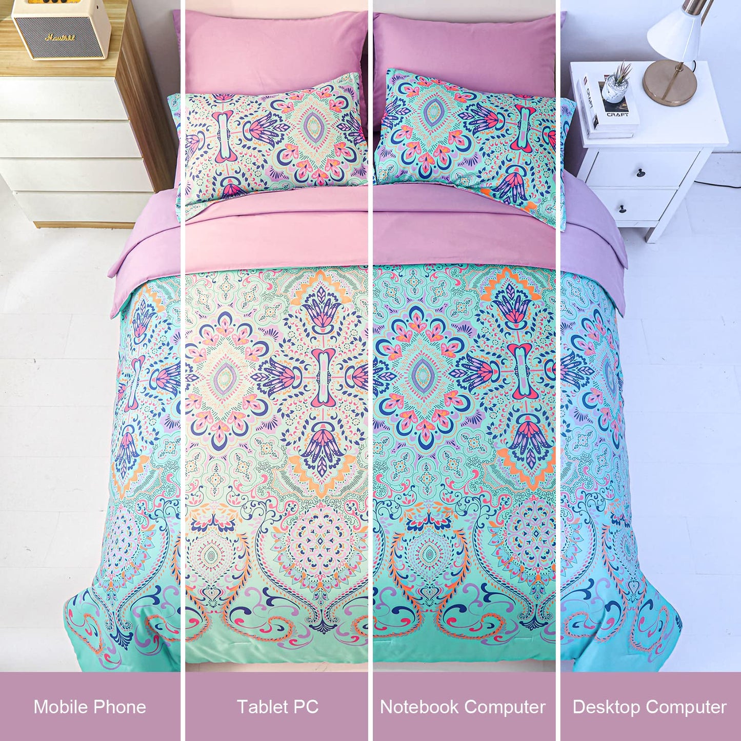 DHSFKBE Queen Comforter Set, 7 Piece Bed in a Bag, Boho Aqua and Lilac Damask Medallion Print Comforter with Sheets, Soft Microfiber Complete Bedding Set for All Season (Aqua, Queen)