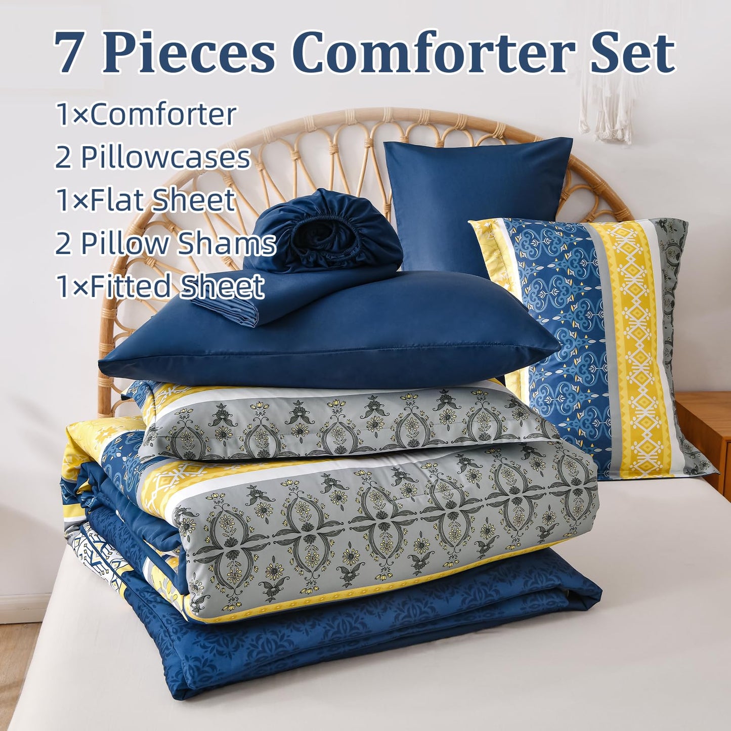 WONGS BEDDING Boho Comforters Set Queen, 7 Pieces Navy Blue and Yellow Comforter Sets Bohemian Bed in a Bag Striped Comforter Set Soft Microfiber Paisley Floral Comforter and Sheet Set for All Season