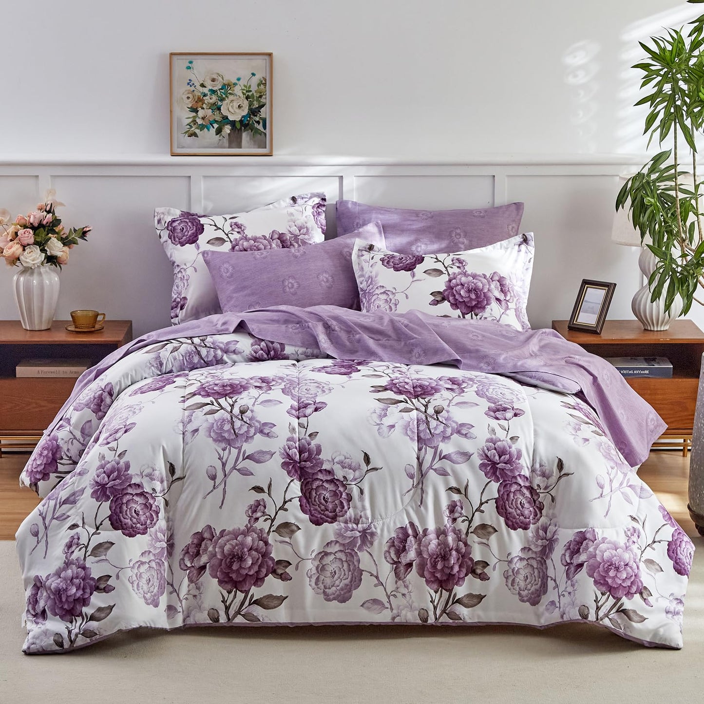 Purple Flower Bed in a Bag 7 Pieces Queen size Floral White Comforter Sheet Set Soft Microfiber Lightweight Summer Bed Set (1 Comforter 2 Pillow Shams 1 Flat Sheet 1 Fitted Sheet 2 Pillowcases)