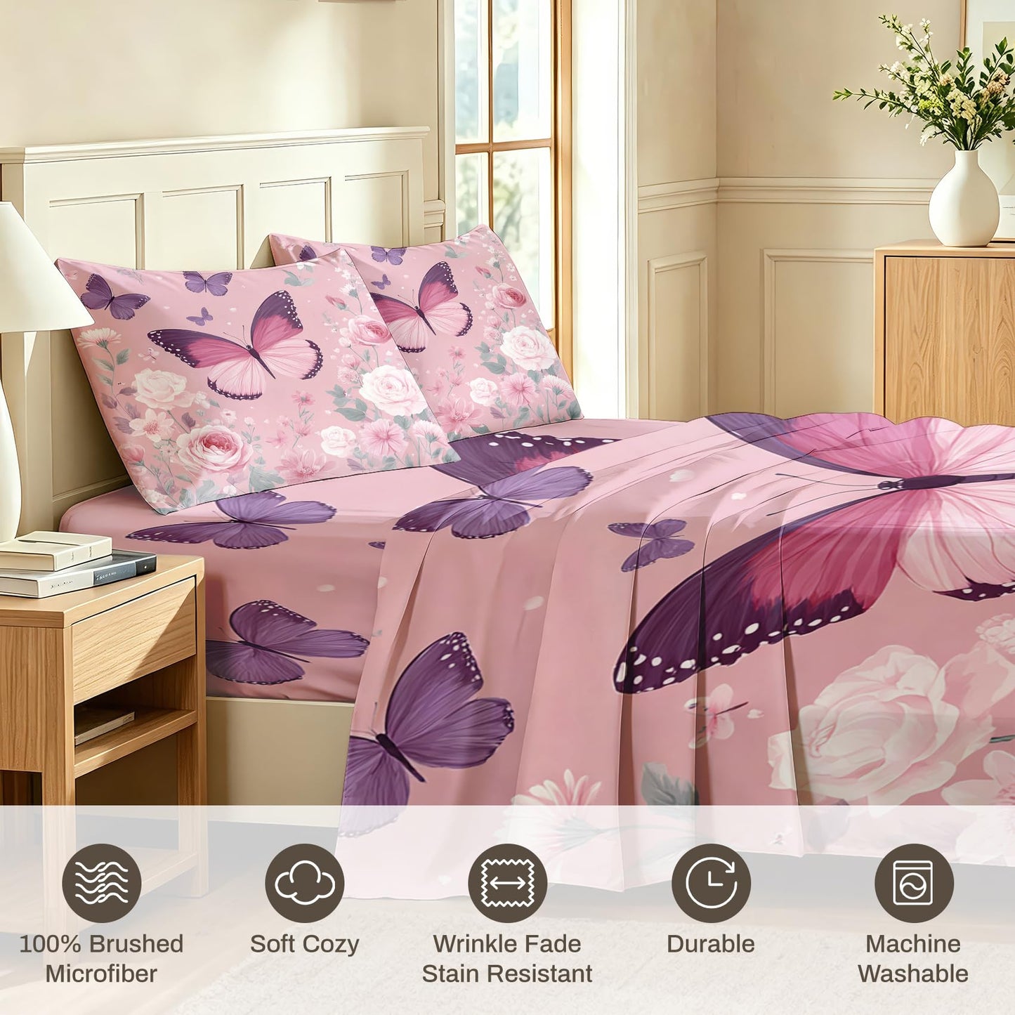 Pink Rose Bedding Set 4 Pcs Girls Butterfly Full Sheets