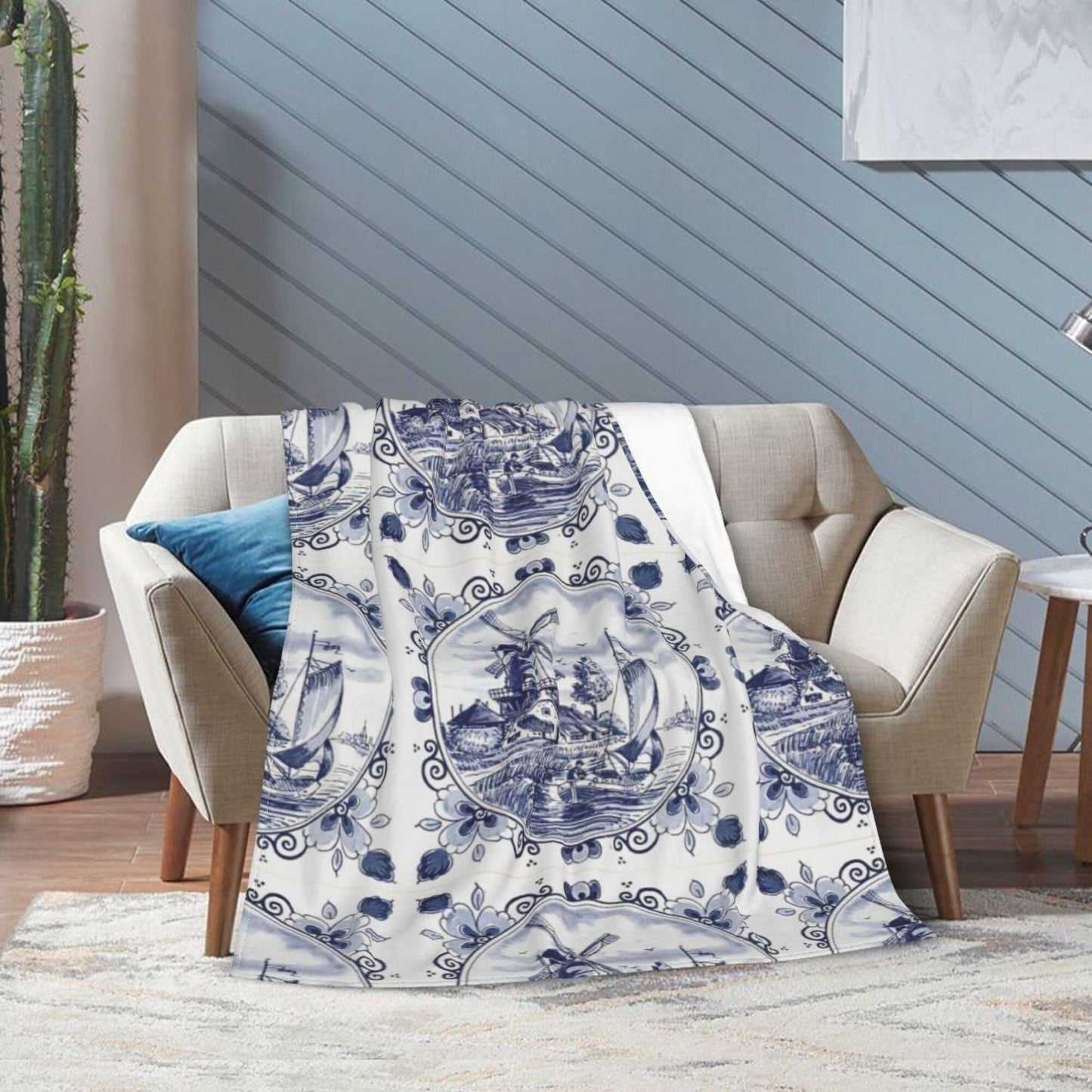 Nederland Cute Vintage Dutch Windmill Delft Blue Blanket Super Soft Flannel Blanket Comfy Cozy Throw Blanket Couch Lightweight Blankets for Living Room Bedroom 80"x60"