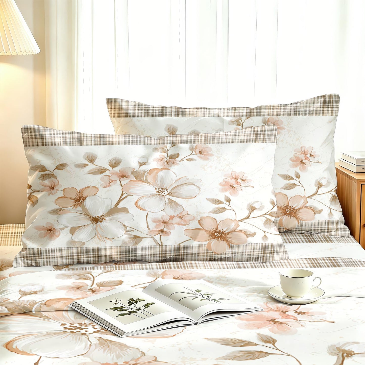 Plaid and Floral King Sheet Set Farmhouse Flat Fitted Sheet Sets