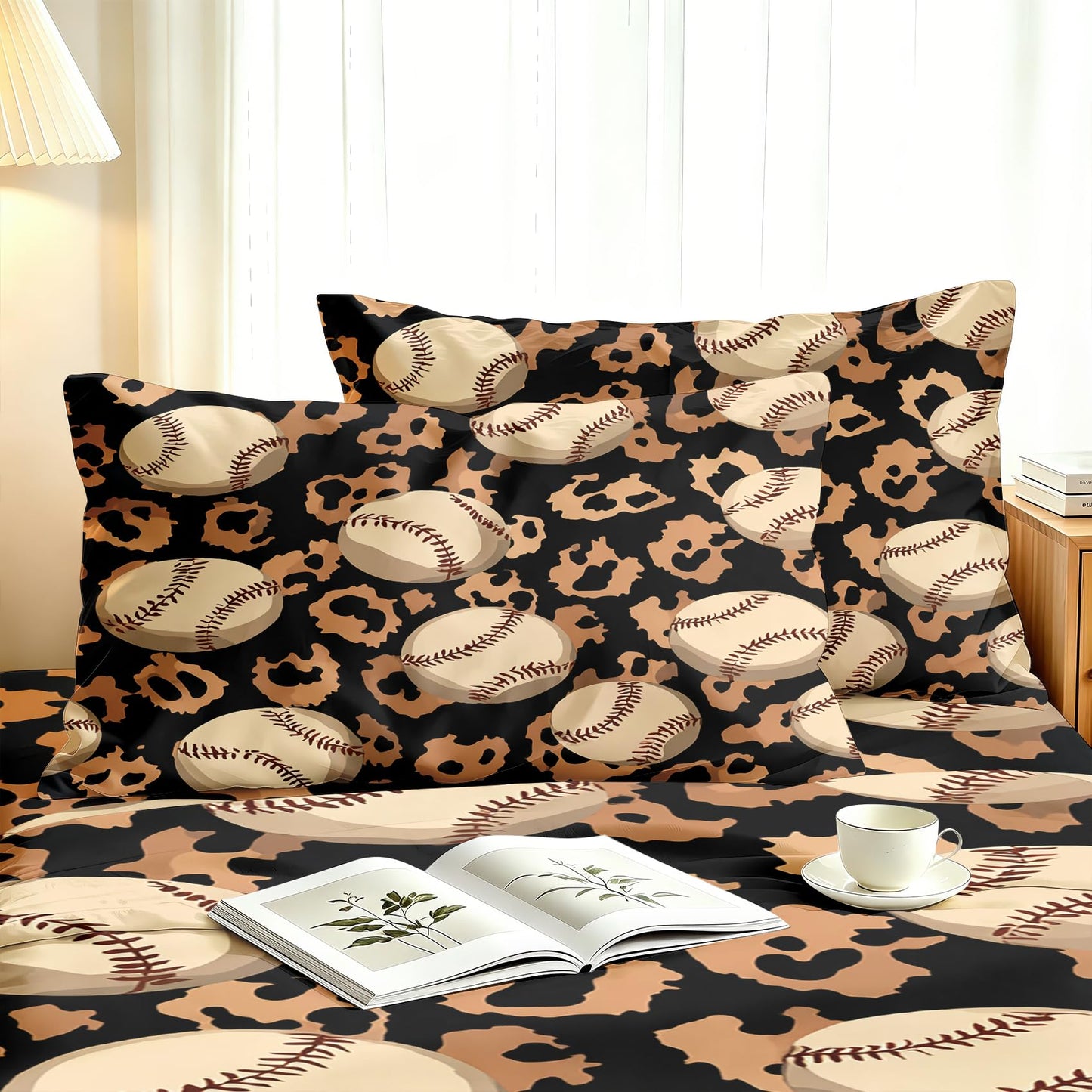 Baseball Queen Sheet Set 4 Pcs Boys Sports Bed Sheets, Black