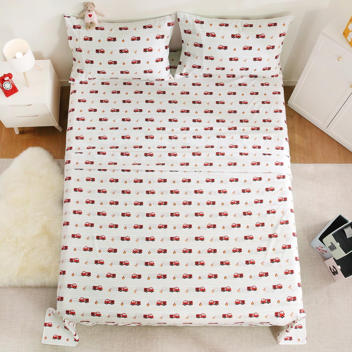 LONAVA Twin Sheet Set Kids - 3 Pieces Soft Microfiber Cartoon Style Bedsheets for Boys Girls Teens, Oeko TEX, Breathable Deep Pocket Sheets, (Fire Truck)