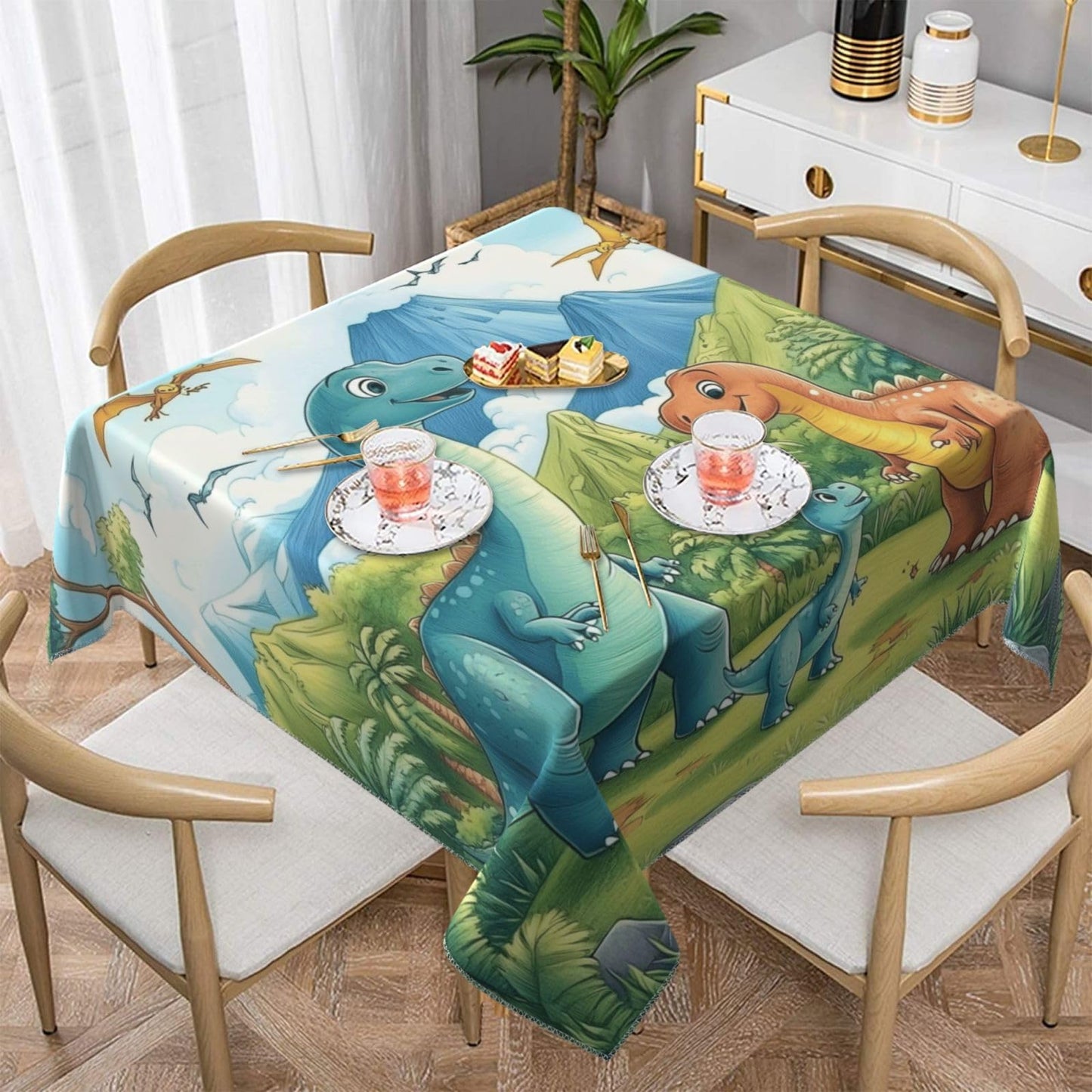 Entemne Square Table Cloth 55x55 Inch Jungle Cartoon Dinosaurs Tablecloth Washable Soft Wrinkle Free Dust Proof Card Table Cover for Tea Party Picnic Kitchen Dining Decor