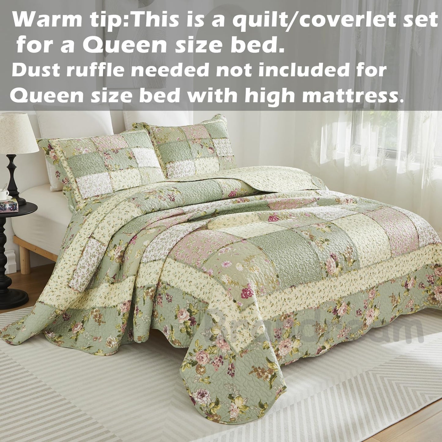 Brandream King Size Quilt Set Cotton Patchwork Quilts Green Rose Floral Quilted Comforter Set Country Rustic Coverlet Set 3-Piece
