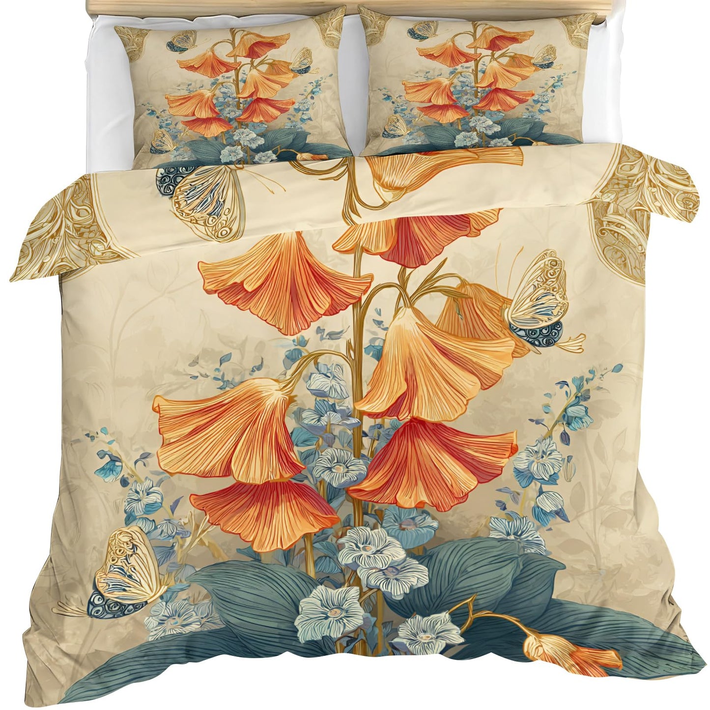 ZAMODE Floral Duvet Cover 120" x 98", Retro Botanical Bedding Set, Rustic Wildflower Comforter Cover with Zipper Ties