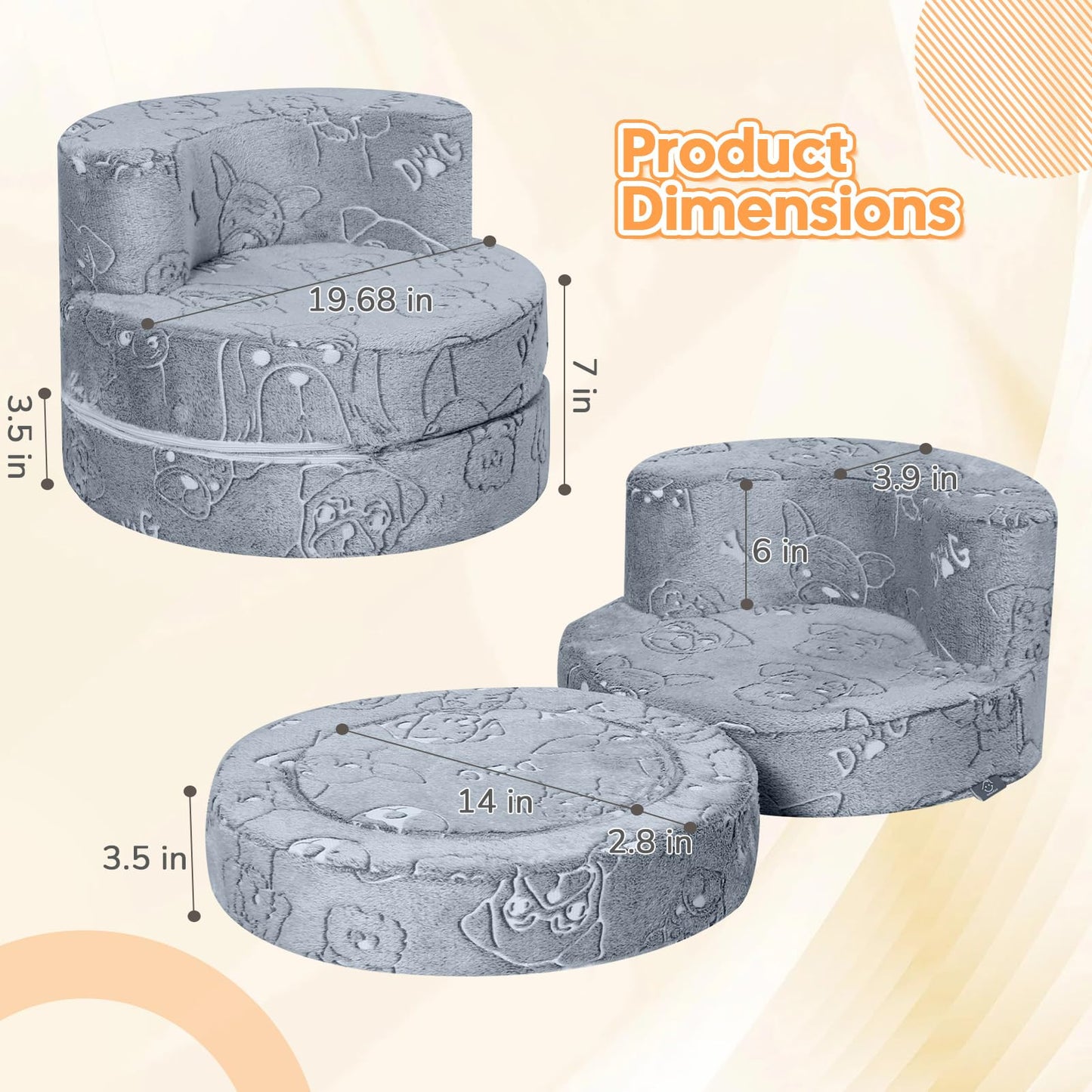 MeMoreCool Puppy Kids Couch, Flip-Open Kids Chair, Glow Print, Grey