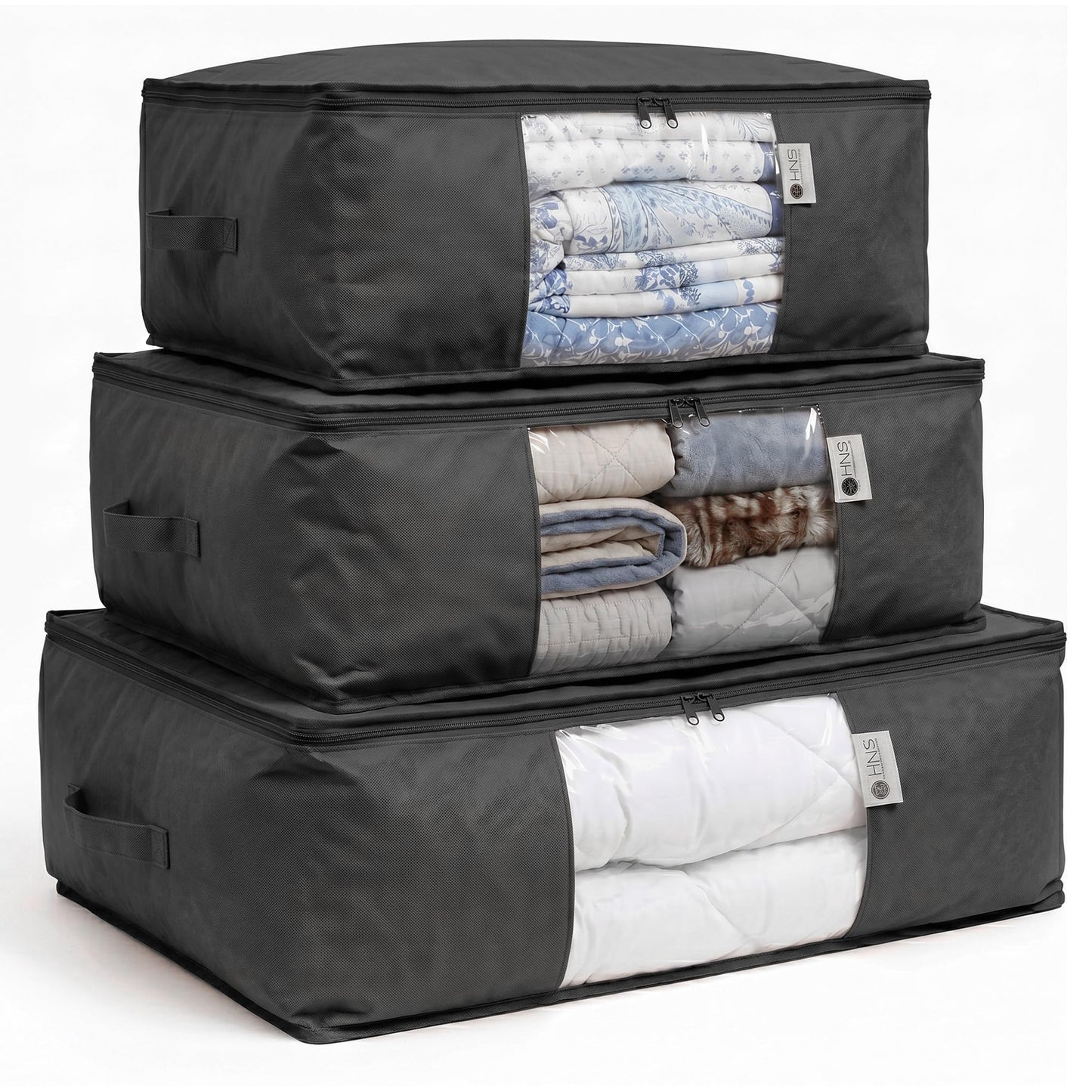 Cedar Storage Bag Organizer for Bedding Set - Protects from Moths, Moisture, Dirt & Dust - Set of 3 Storage Bags for Bed Sheets, Comforter, Pillows & More - Space-Saving Bedding Organizer, Black