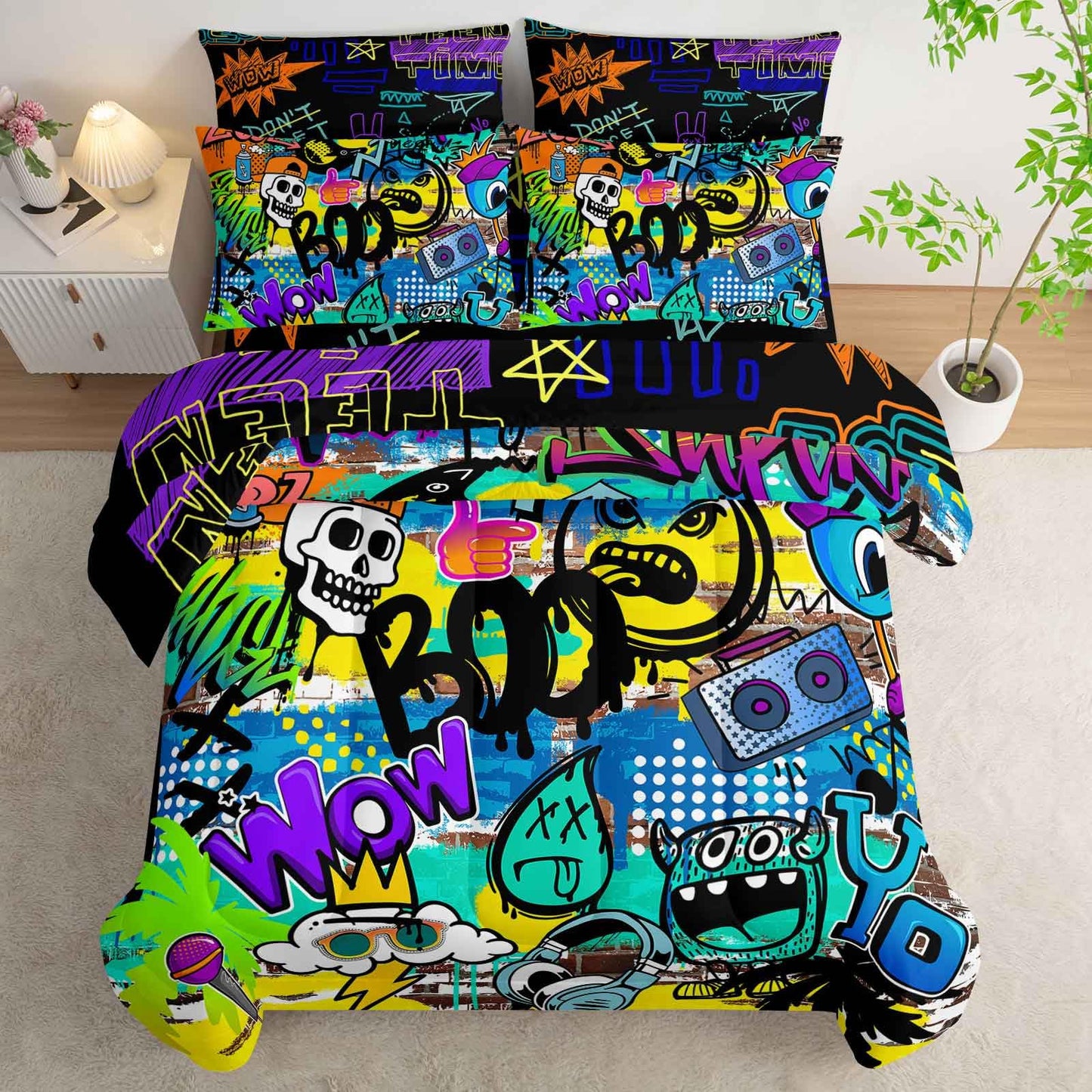 AILONEN Cartoon Skull Bedding Set Full Size 7Pcs - Hip Hop Graffiti Bed in a Bag Soft Microfiber,Colorful Comforter & Fitted Sheet & Flat Sheet & 2 Pillowcases,2 Pillow Shams