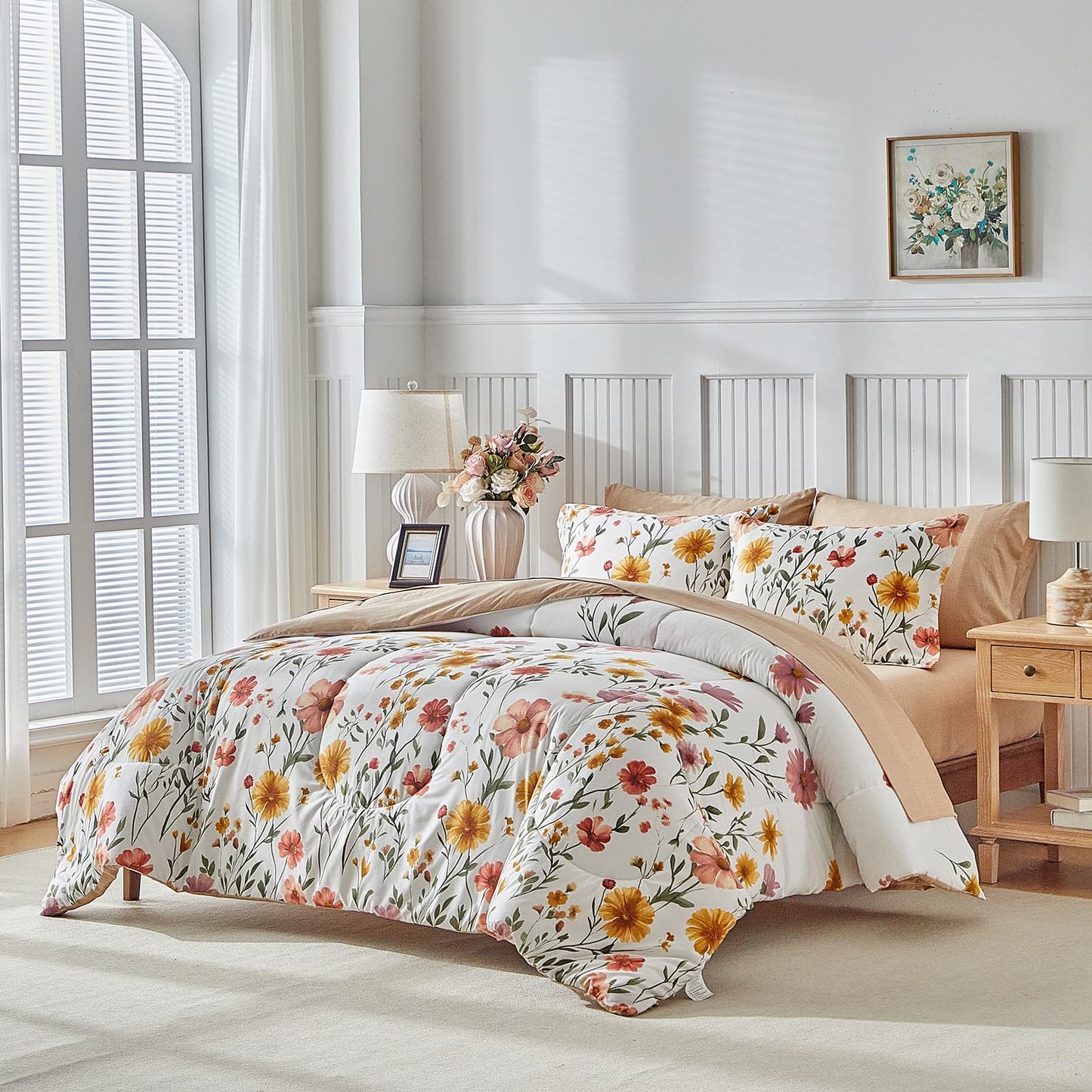 White Floral Comforter Sheet Set Reversible Bohemian Bed in a Bag Bedding Set, Botanical Bedding Set (1 Comforter 2 Pillow Shams 1 Flat Sheet 1 Fitted Sheet 2 Pillowcases) 7PC Queen Size Yellow