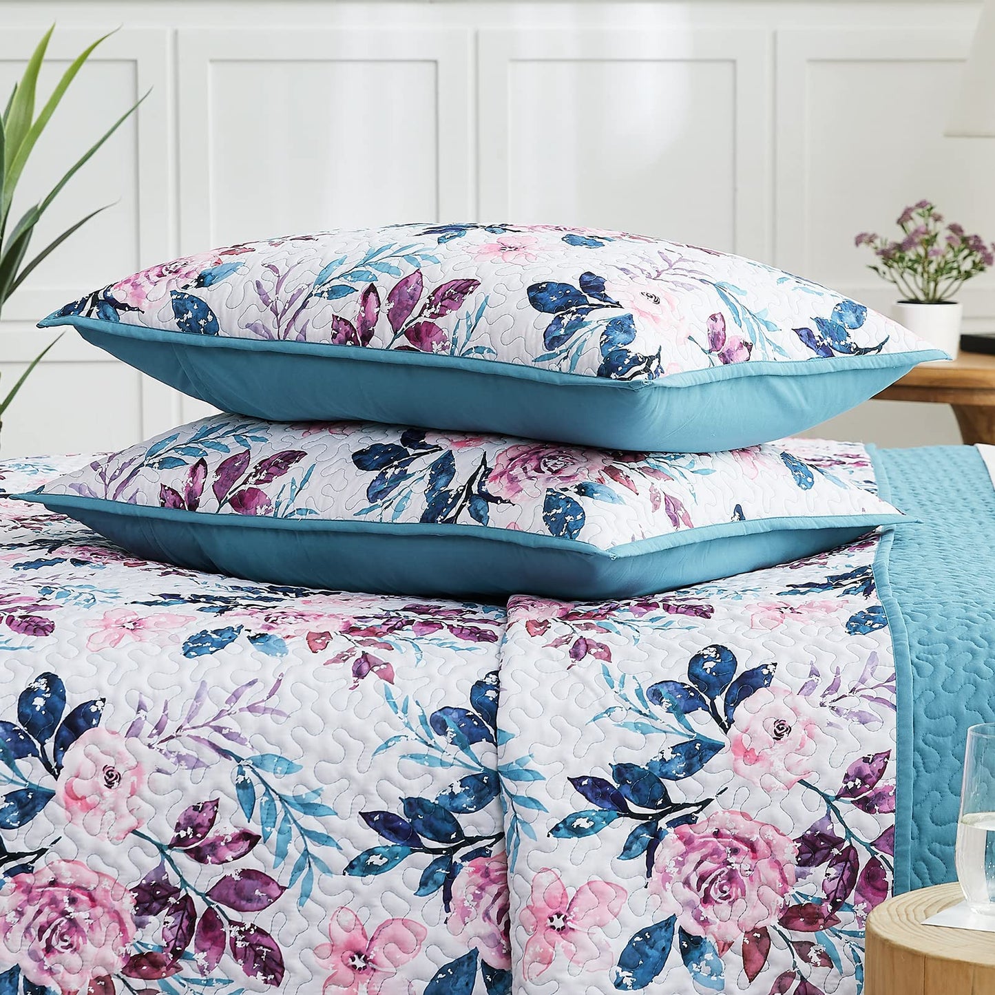 WRENSONGE Floral Quilt Queen Size - Reversible Botanical Flower Quilt Bedding Set Lightweight Bedspread Soft Coverlet for All Seasons (90"x94")