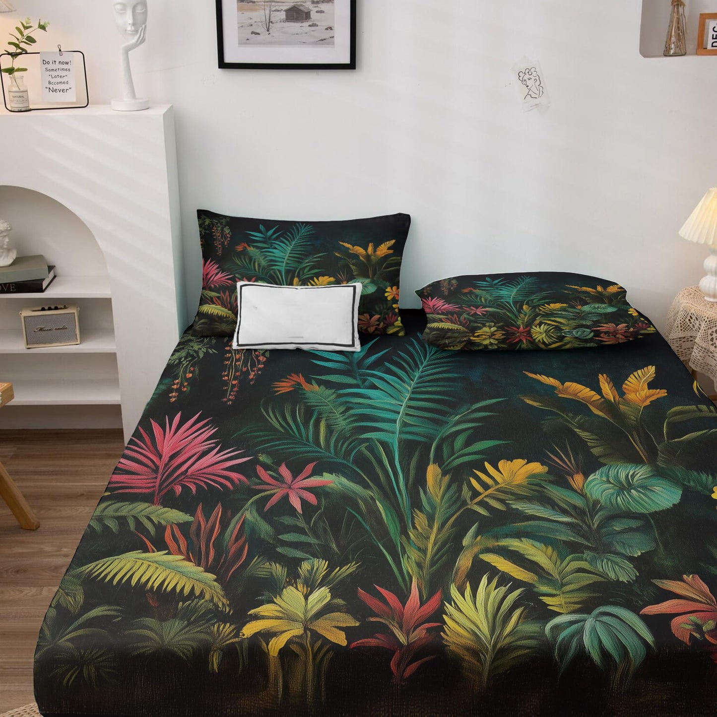 NOGAWA Tropical Leaf Sheets Queen, Flower Floral Leaves Bed Sheets, Deep Pocket & Soft Microfiber Bedding Sheets & Pillowcases 4 Piece - Fitted Sheet & Flat Sheet & 2 Pillow Cases