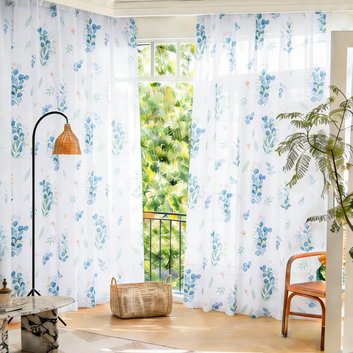youleyar Floral Sheer Curtains for Living Room 84 Inches Long 2 Panels White Semi-Sheer Curtain with Blue Floral Printed Pattern Summer/Spring Rod Pocket Voile Drapes for Bedroom, 52" W x 84" L