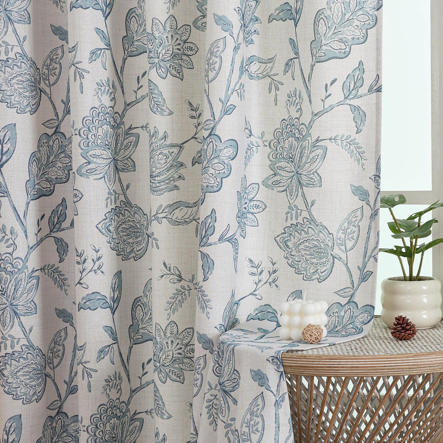 Ebesto Floral Curtains 63 Inch Length - Light Filtering Faux Linen Flower Printed Window Curtains for Bedroom, Rod Pocket No-See Through Privacy Drapes, 2 Panels, Each 40Wx63L Inches, Dusty Blue