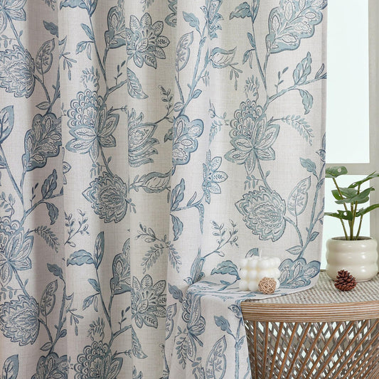 Ebesto Floral Curtains 63 Inch Length - Light Filtering Faux Linen Flower Printed Window Curtains for Bedroom, Rod Pocket No-See Through Privacy Drapes, 2 Panels, Each 40Wx63L Inches, Dusty Blue
