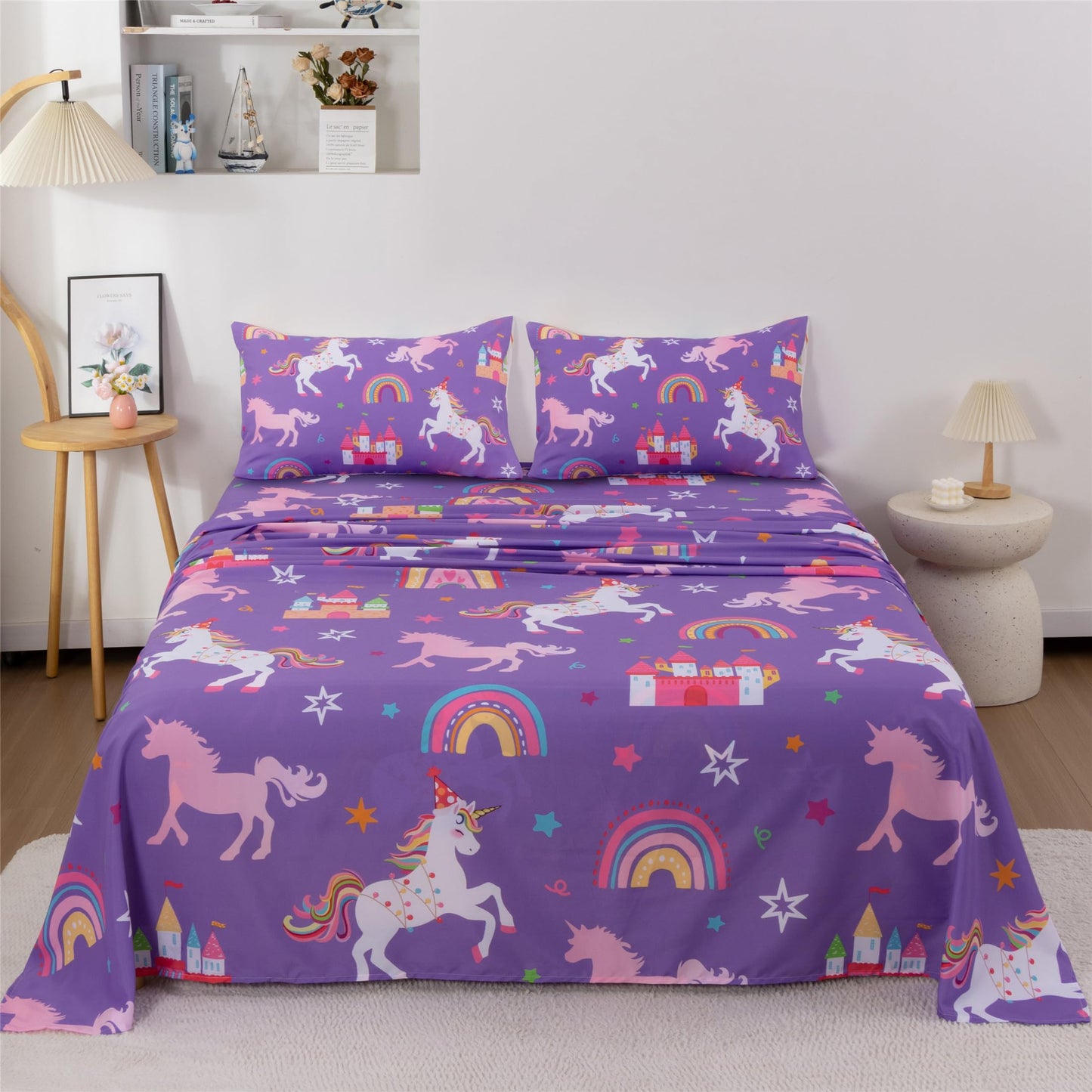 URLINENS Girls Sheets Full Size 4 Piece, Rainbow Star Castle Unicorn Sheet Set for Kids Teens, Fun Purple Bed Sheets Soft Microfiber Girls Bedding Sheet-1 Fitted Sheet 1 Flat Sheet 2 Pillowcases