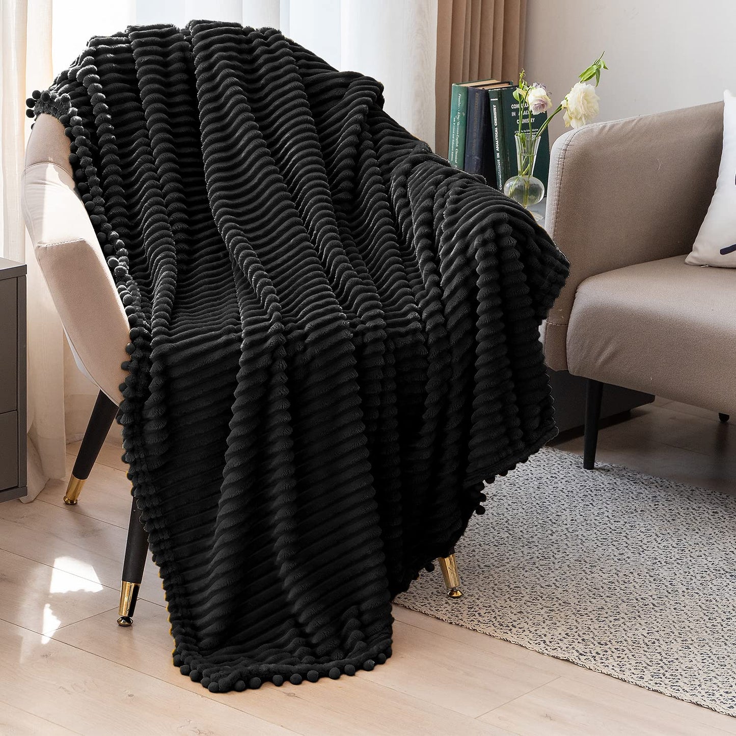 DISSA Fleece Blanket Throw Size – 51x63, Black – Soft, Plush, Fluffy, Fuzzy, Warm, Cozy – Perfect Throw for Couch, Bed, Sofa - with Pompom Fringe - Flannel Blanket Throw Blanket