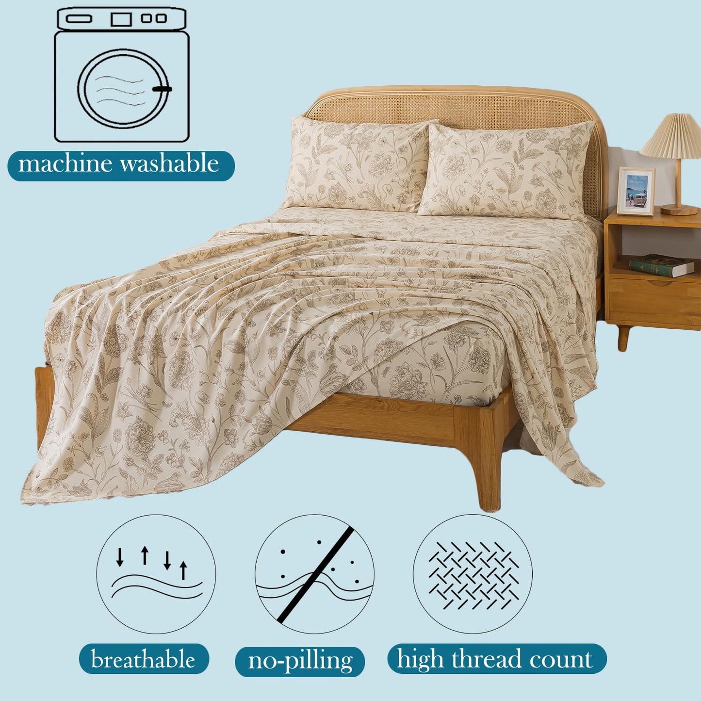 Zusbest Queen Sheet Set 100% Percale Cotton Beige Floral Bed Sheet Set, Brushed for Extra Softness, Breathable Luxury Toile Flannel Sheets Like Khaki Flower Print Deep Pocket Sheets 17.5'' 4 Pcs