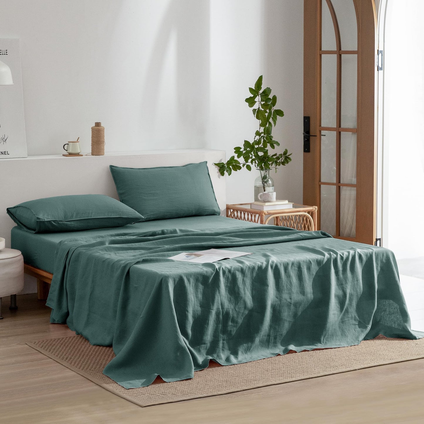 EVERLY Linen Sheets Set Twin Size,100% French Stonewash Pure Linen Sheets Set,3Pieces (1Flat Sheet,1Fitted Sheet,1Pillowcase) Suitable for Hot Sleepers,Deep Pocket Bedding Set-Aqua