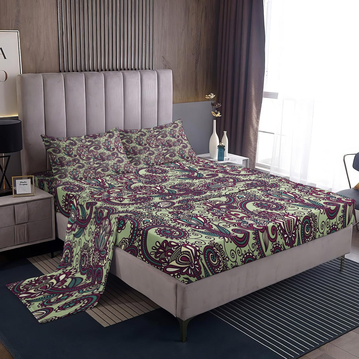 NOGAWA Paisley Sheets Full, Boho Bed Sheets, Bohemian Bedding Sheets, Soft Microfiber Deep Pocket Fitted Sheet & Flat Sheet & 2 Pillowcases