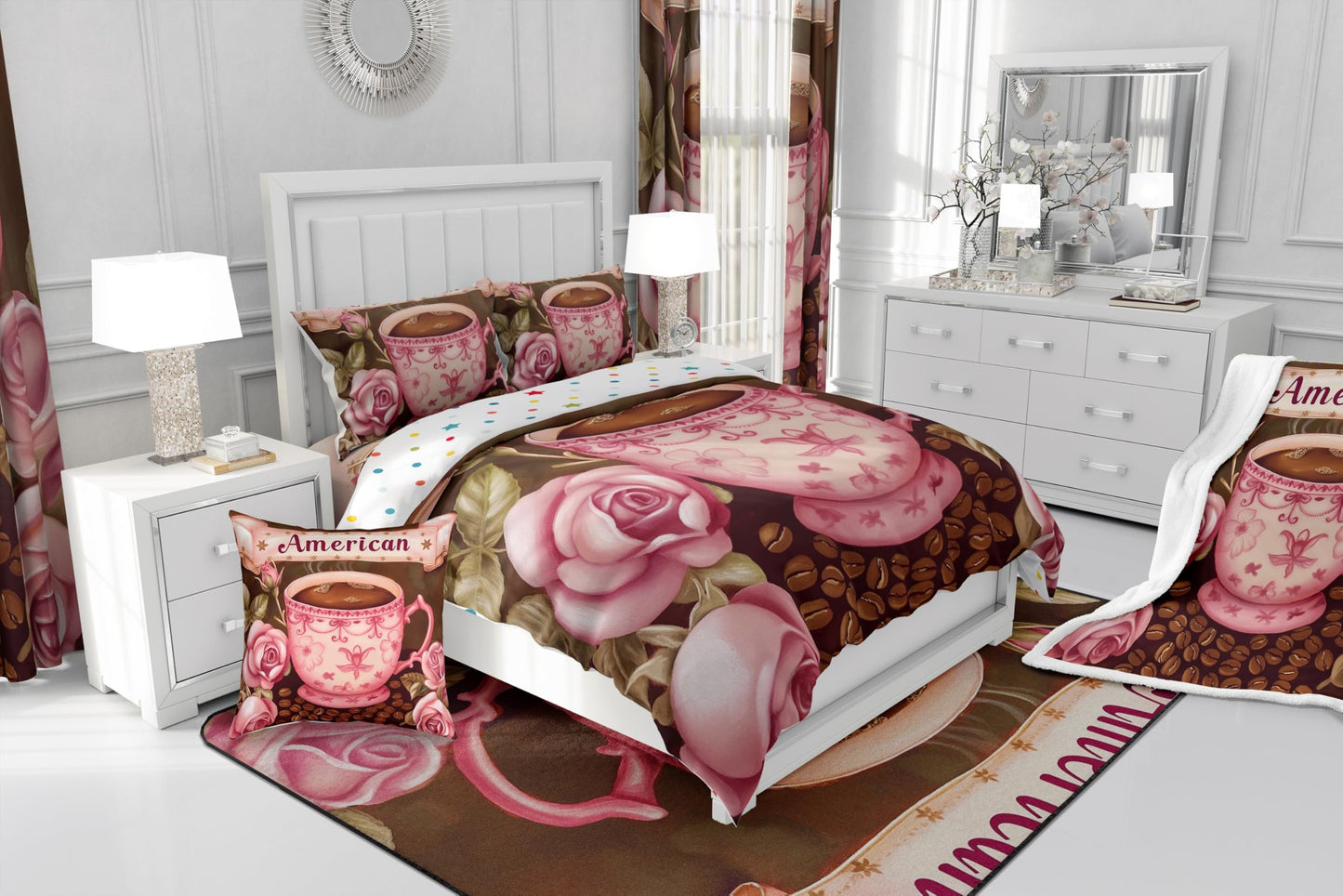 Erosebridal American Coffee Comforter Set Full Size,Oil Painting Rose Bedding Set for Kids Teens,Coffee Bean (Comforter+Fitted+Flat Sheet+2 Pillowcases+2 Throw Pillow Covers) 7 Pieces Bed Set