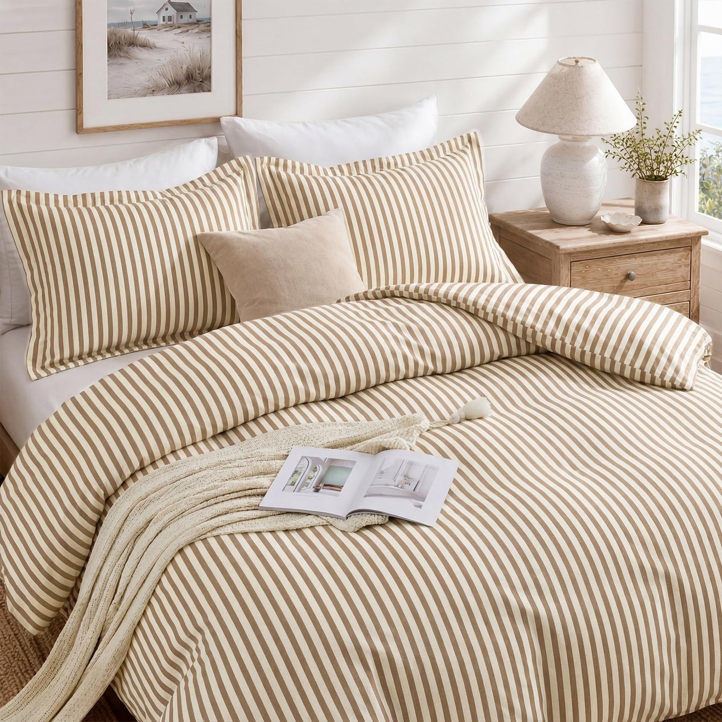 JOLLYVOGUE Striped Duvet Cover Queen, Duvet Cover Set with Khaki Stripes