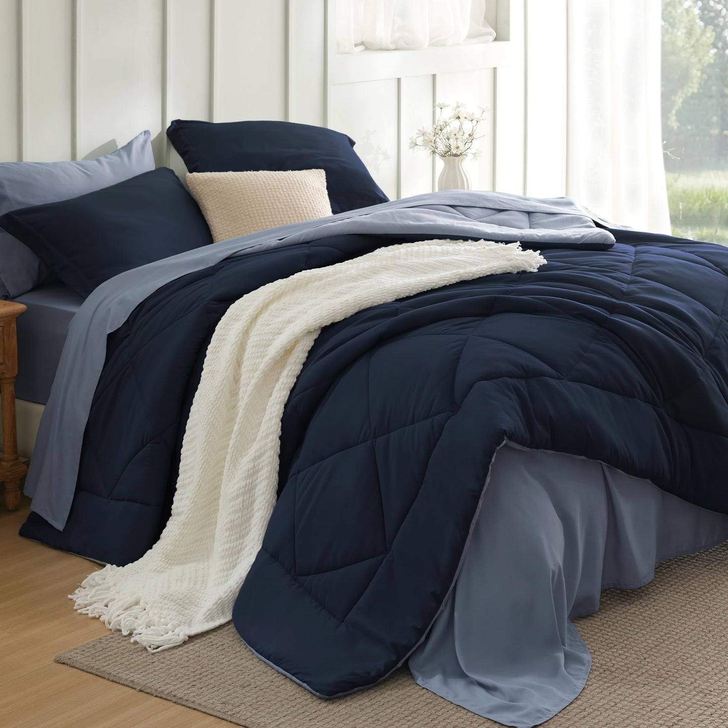 Bedsure Blue Queen Comforter Set - 7 Pieces Reversible Navy Blue Bed in a Bag, Blue Comforter Set Queen Size for All Seasons with 1 Flat Sheet, 1 Fitted Sheet, 2 Pillowcases and 2 Pillow Shams