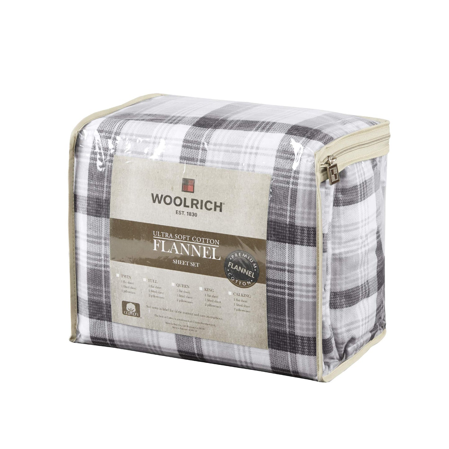 Woolrich Cotton Sheet Set Cottage Charms Print, 100% Cotton Flannel Sheets Warm & Fuzzy Bedding Set Queen Size Sheets, Fitted Pocket Fits Up to 14" Mattress, Queen Grey Plaid, 4 Piece