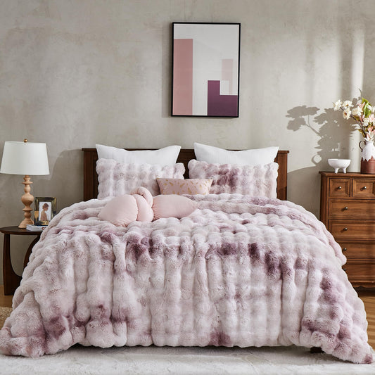 Wonderful 3 Pieces Fluffy Faux Rabbit Fur Bubble Comforter Set King Size, Tie-Dyeing Pink Purple Plush Fuzzy Bedding Set, Warm Soft Bubble Comforter Bedding Set for Winter