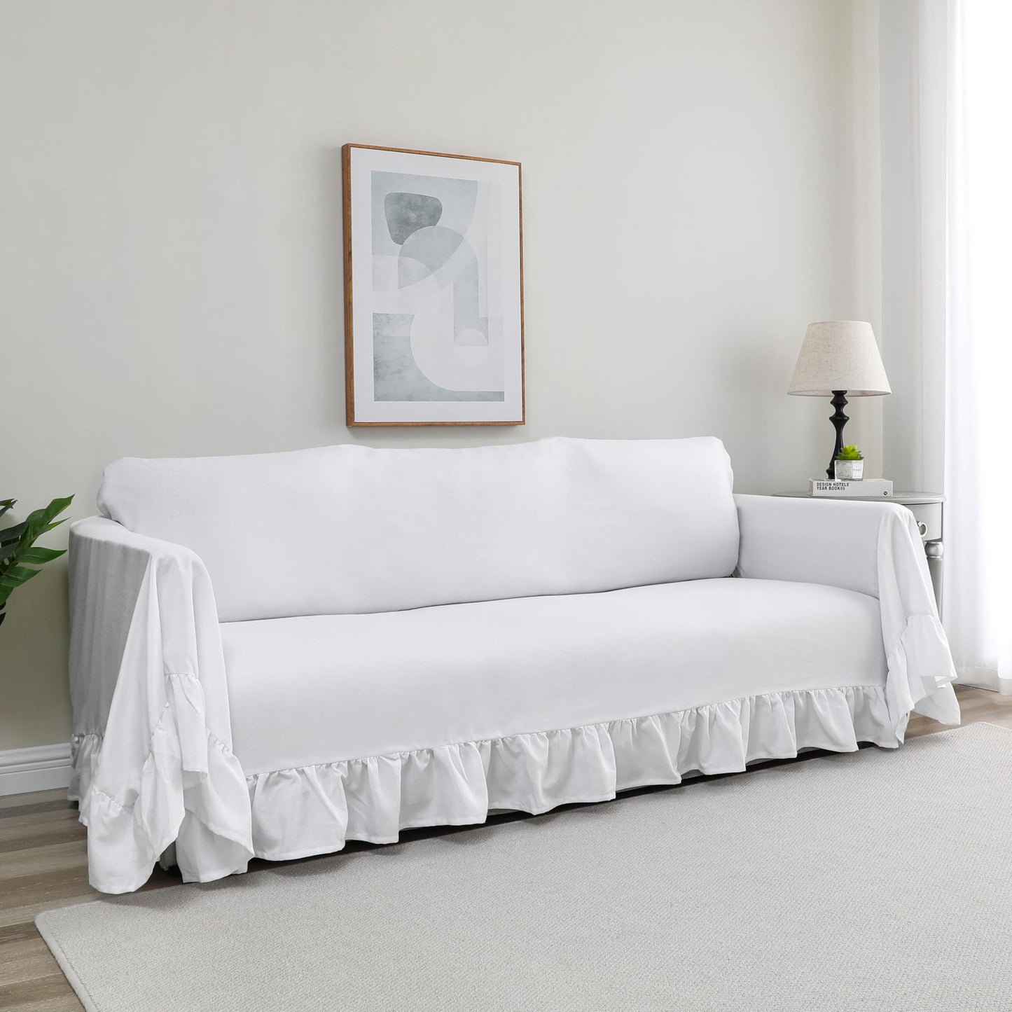 Castle Selection Rustic Linen Sofa Cover with Tie Strings, Full Couch Protector Durable Throw Slipcover Ruffled Edge (White, Sofa)