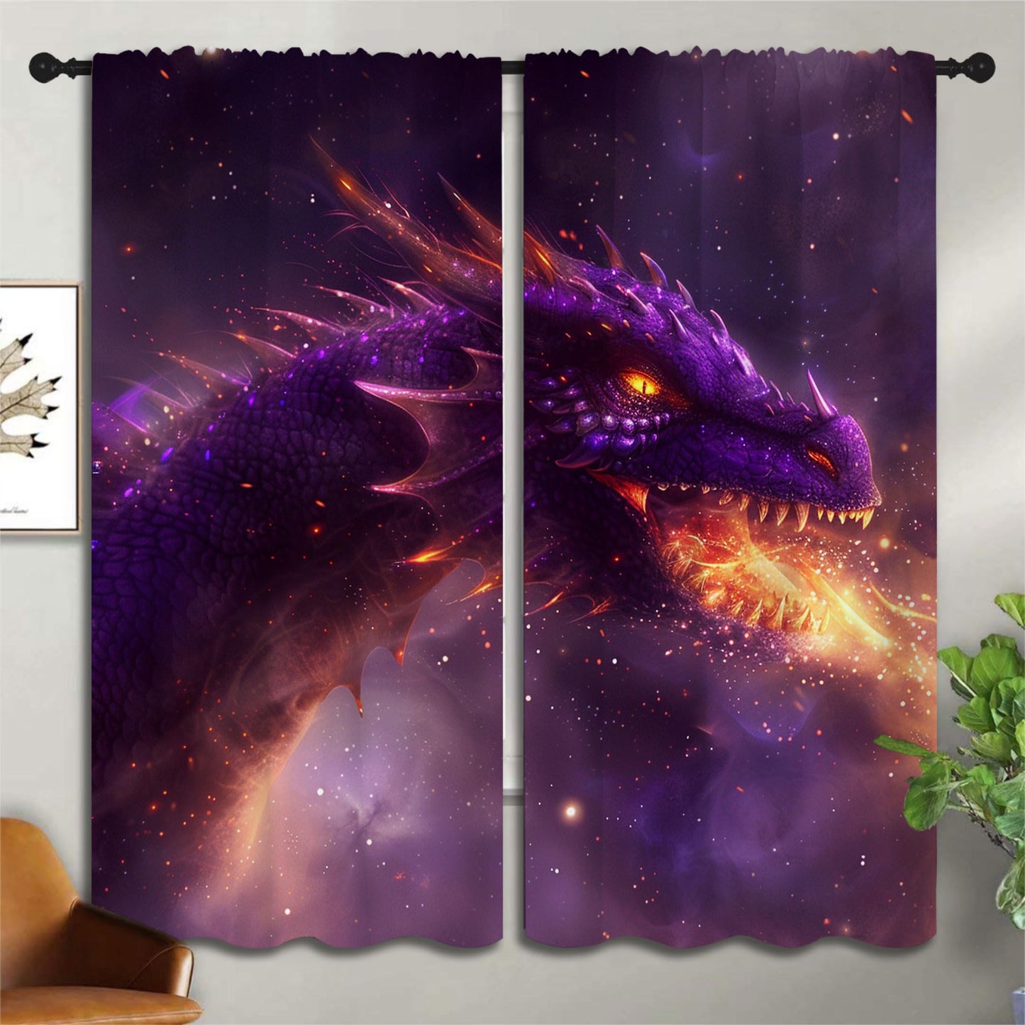 PYMATYTN Dragon Blackout Curtains for Boys Girl Bedroom Decor,Fantasy Creature Breathing Fire Thermal Insulated Rod Pocket Drapes Darkening Window Curtain for Living Room Home 55x63 inch