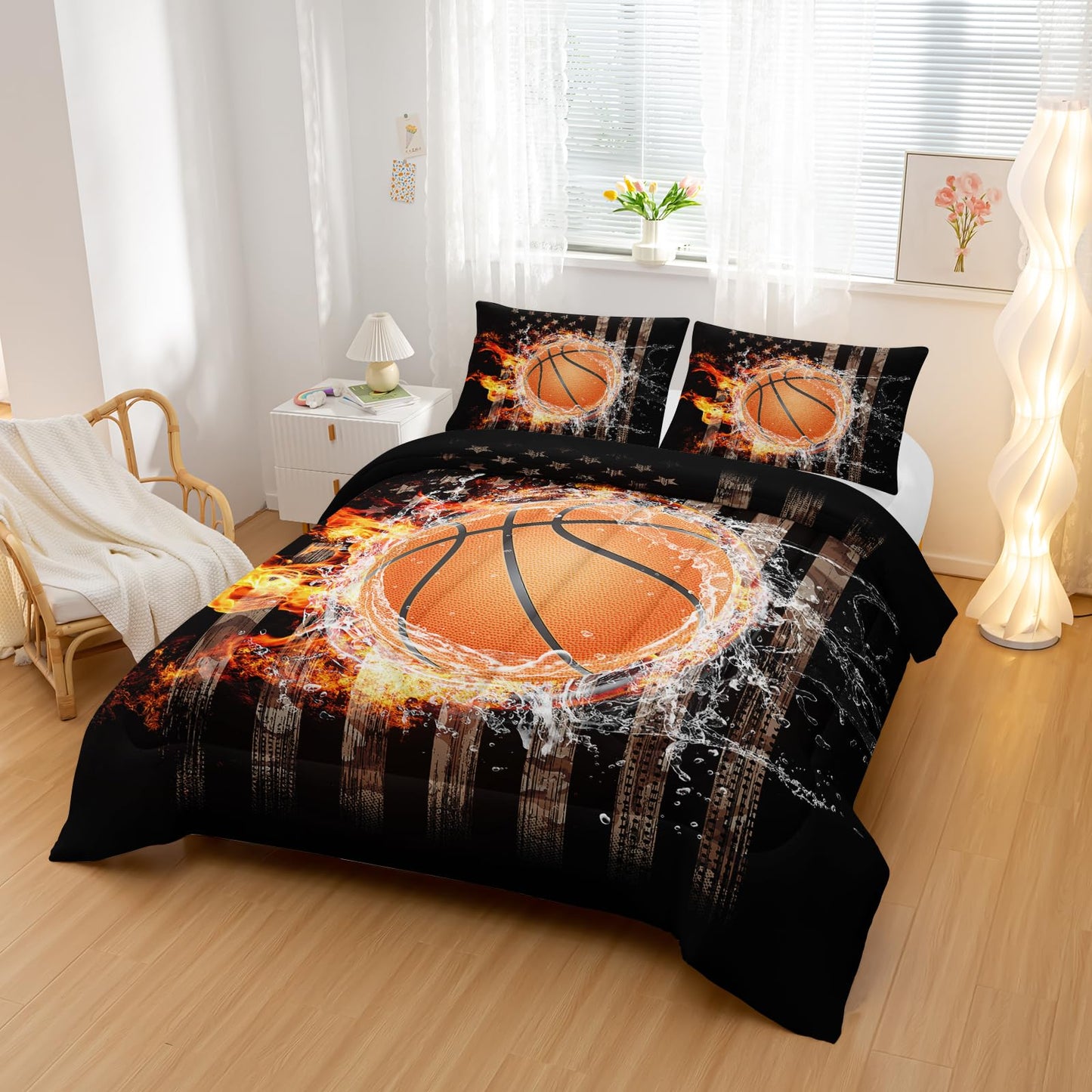 Nttopship Basketball Boys Comforter Set Twin Size，American Flag Bedding Set，100% Soft Ultra-fine Fiber Four Season Sport Basketball Comforter Set with 1 Comforter and 2 Pillow Case