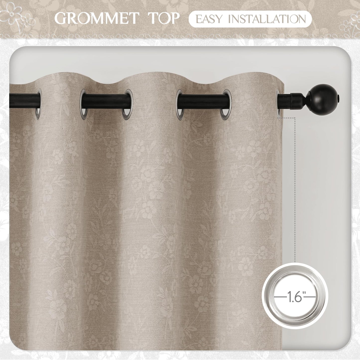 Beauoop Beige Floral Jacquard Blackout Curtains 84 Inches Long 2 Panels for Living Room Bedroom Chenille Flower Room Darkening Thermal Insulated Soundproof Grommet Window Drapes, 52x84 Set of 2