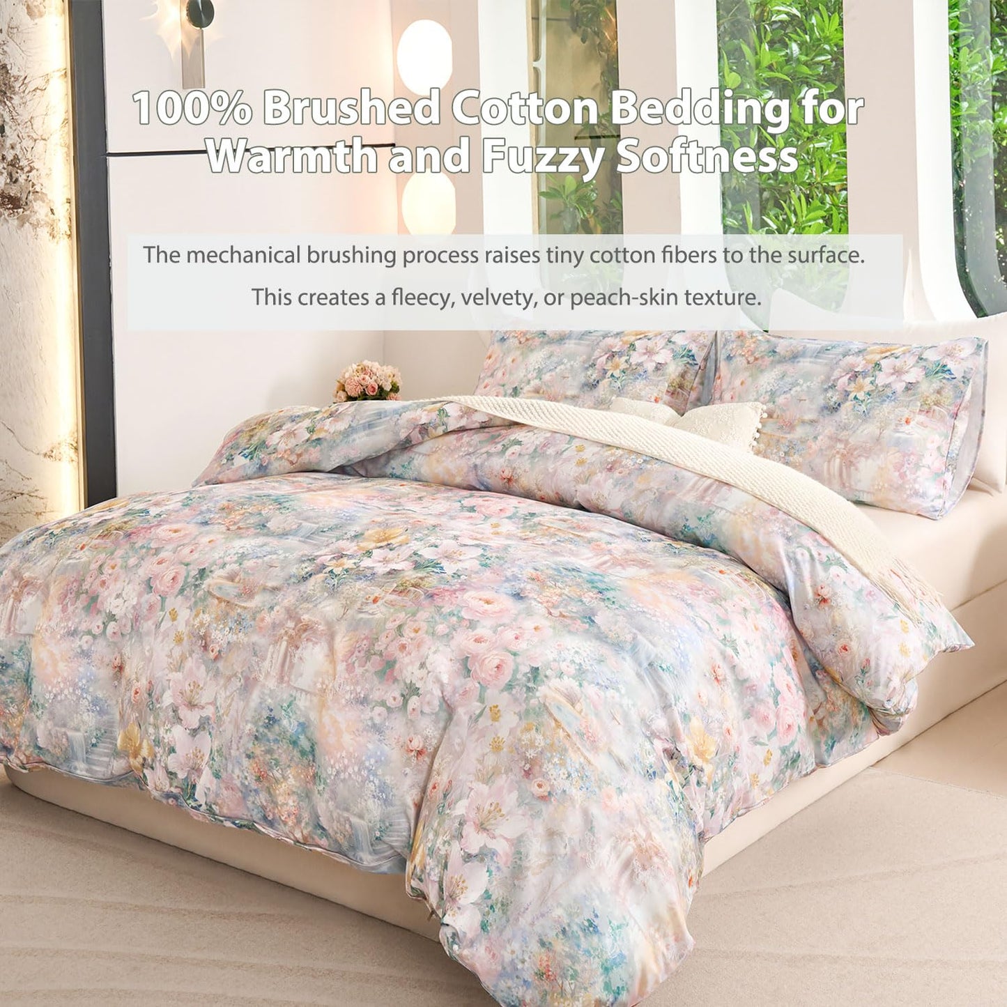 Zusbest Floral Duvet Cover King 100% Cotton, Double Brushed for Extra Soft, Luxury Pink Rose French Country Bedding Shabby-Chic Lily Comforter Cover with Zipper, Soft Breathable, 3Pc-Not Comforter