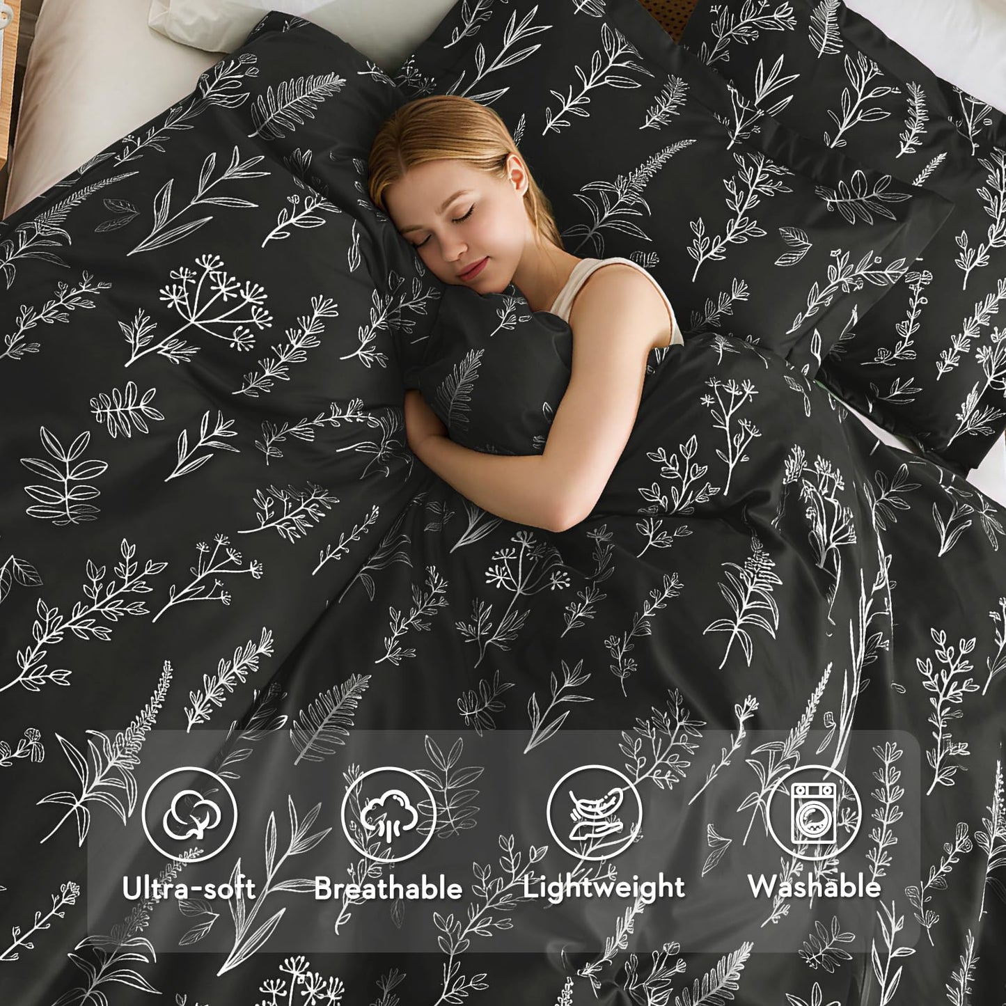 MUXHOMO Duvet Cover Queen Size, Reversible Floral Black Duvet Cover Set with Zipper Closure, 3 Pieces Botanical Patterns Soft Microfiber Bedding Set with 4 Ties (90"x90", 2 Pillow Cases)