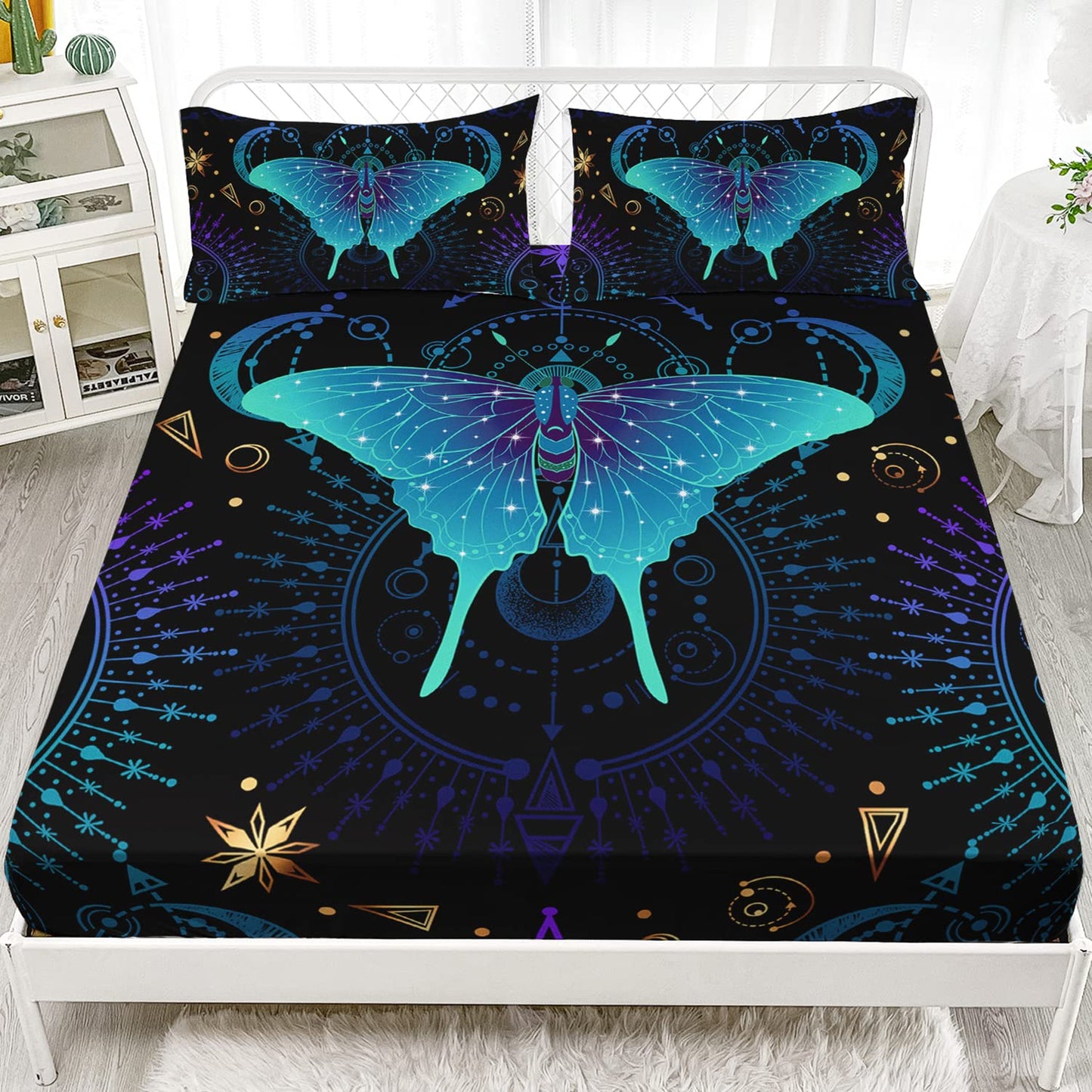 HOSIMA Blue Butterfly Fitted Sheet Boho Bedding Room Decor Aesthetics,Black and Gold Bedding Sets Queen Size,Blue Purple Mystical Totem Print Kids Fitted Sheet Sets for Girls Boys Teens.