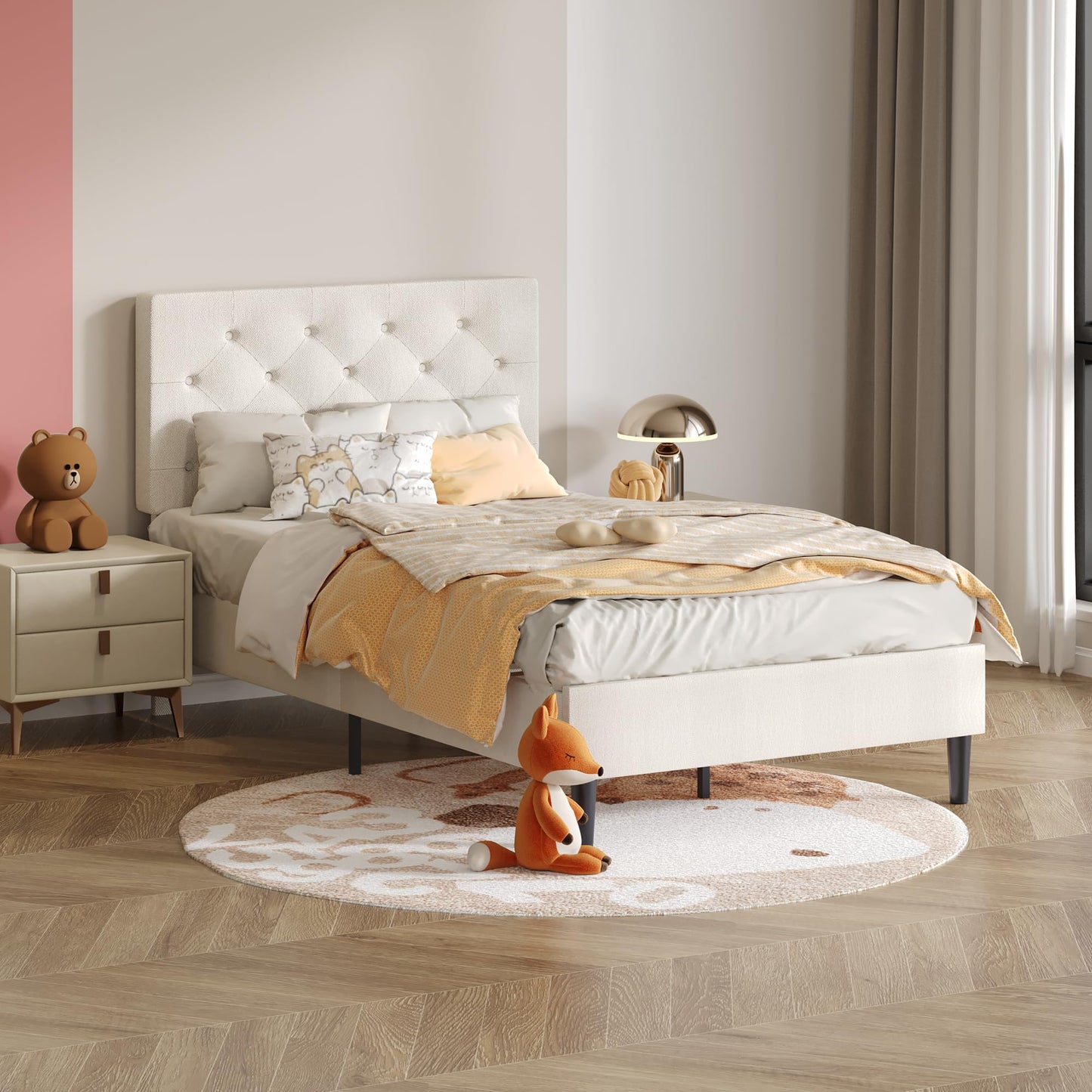 Lullabyre Twin Bed Frames for Kids, Upholstered Platform Bed Frame, Upholstered Bed Frame with Tufted Headboard, No Box Spring Needed, Easy Assemble, White