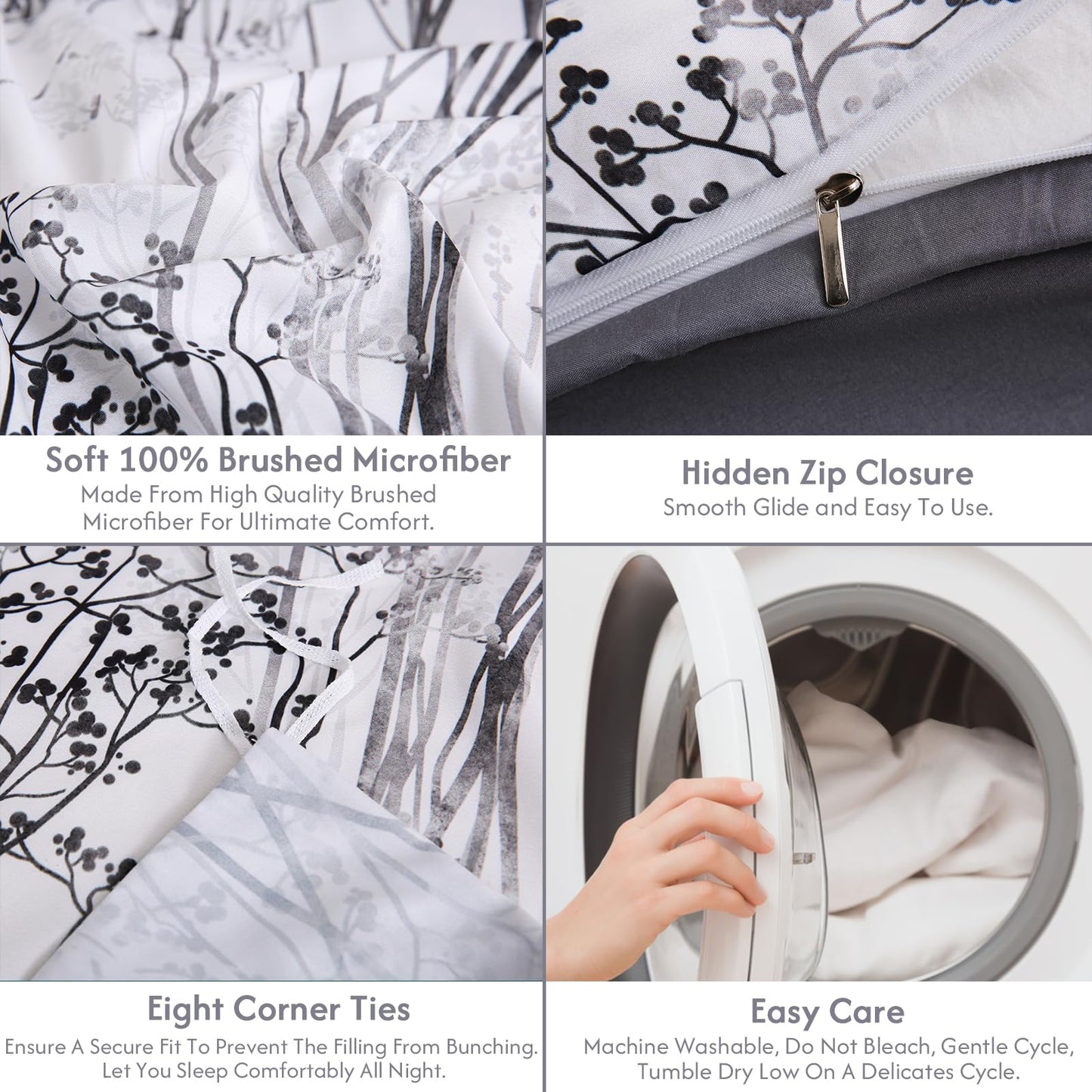 LONAVA Queen Botaincal 3 Pcs Duvet Cover Set, Breathable Soft Microfiber Deep Grey Lining Comforter Cover with Zipper Closure, and 2 Anti-Pilling, Fade Resistant Pillowcases, Winter Forest