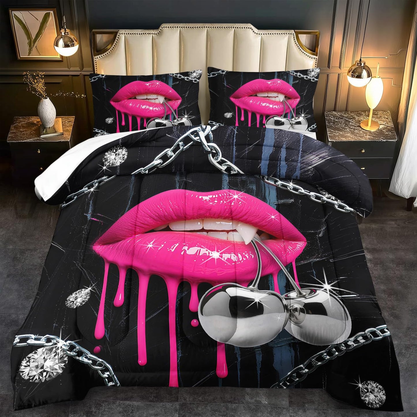 llyxsesty Pink Lips Comforter Set Queen Girls Goth Fashion Comforter Set Couple Black Goth Bedding for Women Vampire Bedding for Home Girls Vampire Bedroom Decor Elegant Home Decor