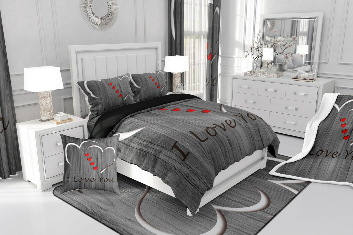 Erosebridal I Love You Bedding Queen,Simple Wooden Comforter Set,Romantic Valentine Gifts Down Comforter,Love Hearts Bedding Comforter Sets
