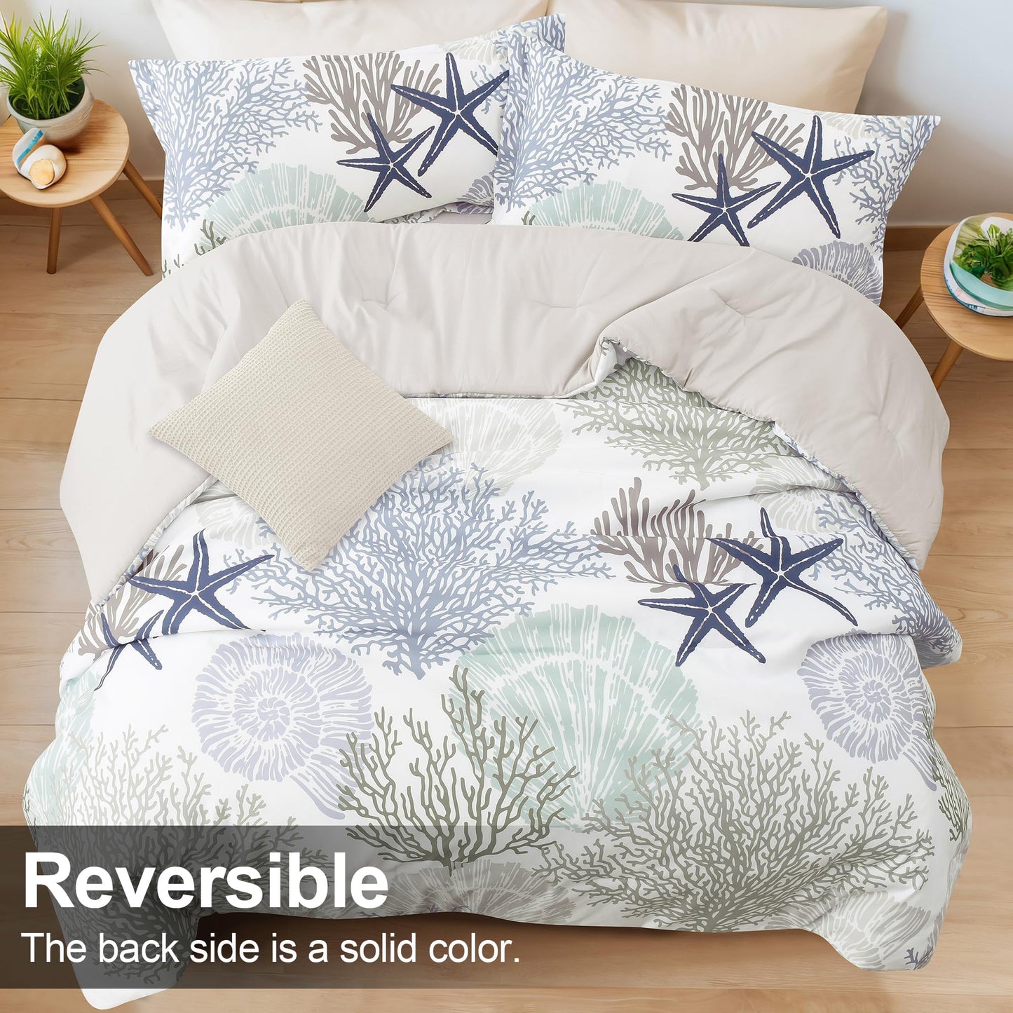 Tritard Coastal Comforter Set King Size 3 Piece, Soft Beach Themed Comforter, Ocean Nautical Lightweight Bedding Sets for All Seasons, (1 Reversible Comforter and 2 Pillow Shams), 104''x90'', C2