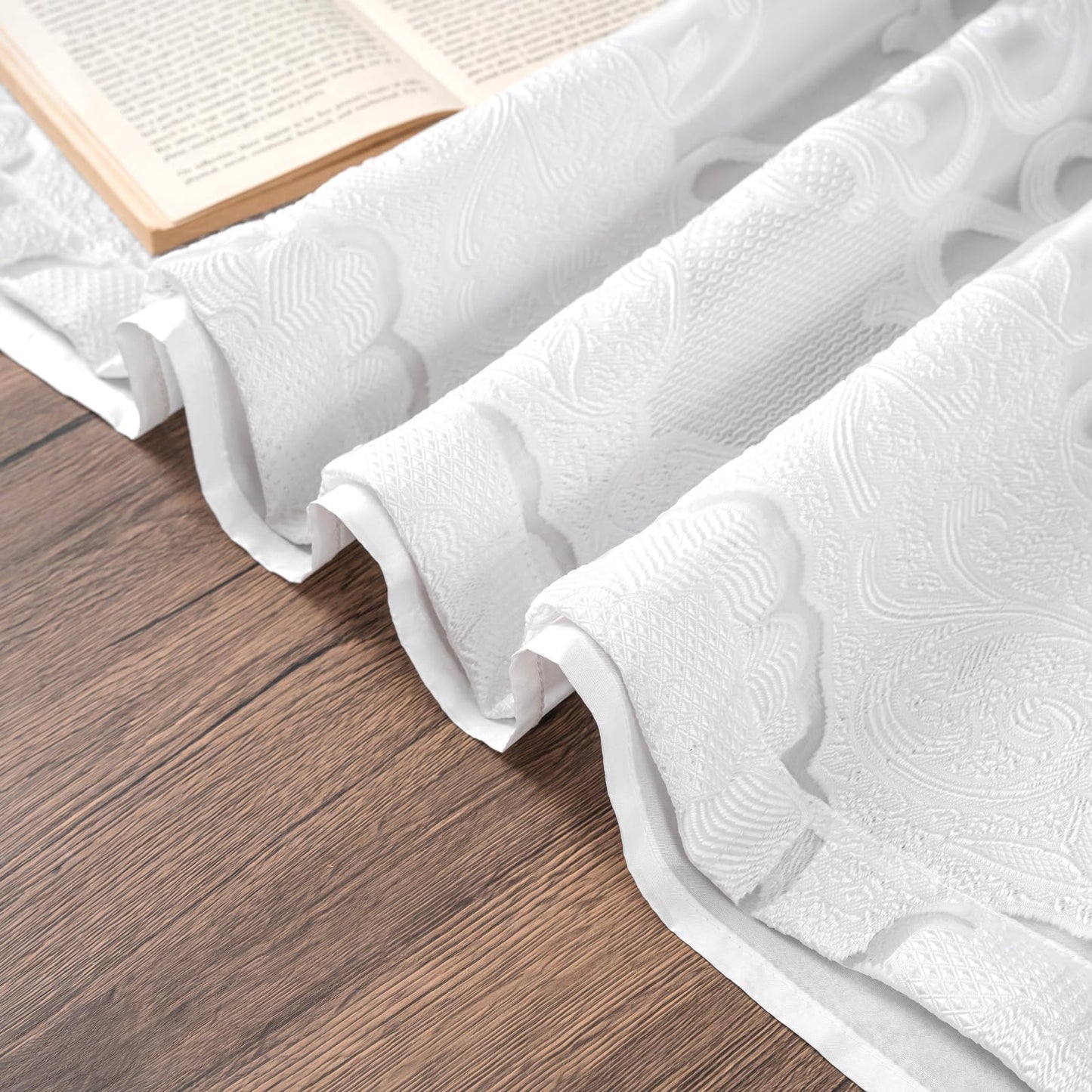 Petrichor White Sheer Jacquard Voile Curtains （54" W x 84" L）, 2 Panels with Attached Valance, Double Layer Floral Cutwork Design with Luxurious Texture, Rod Pocket, for Bedroom & Living Room