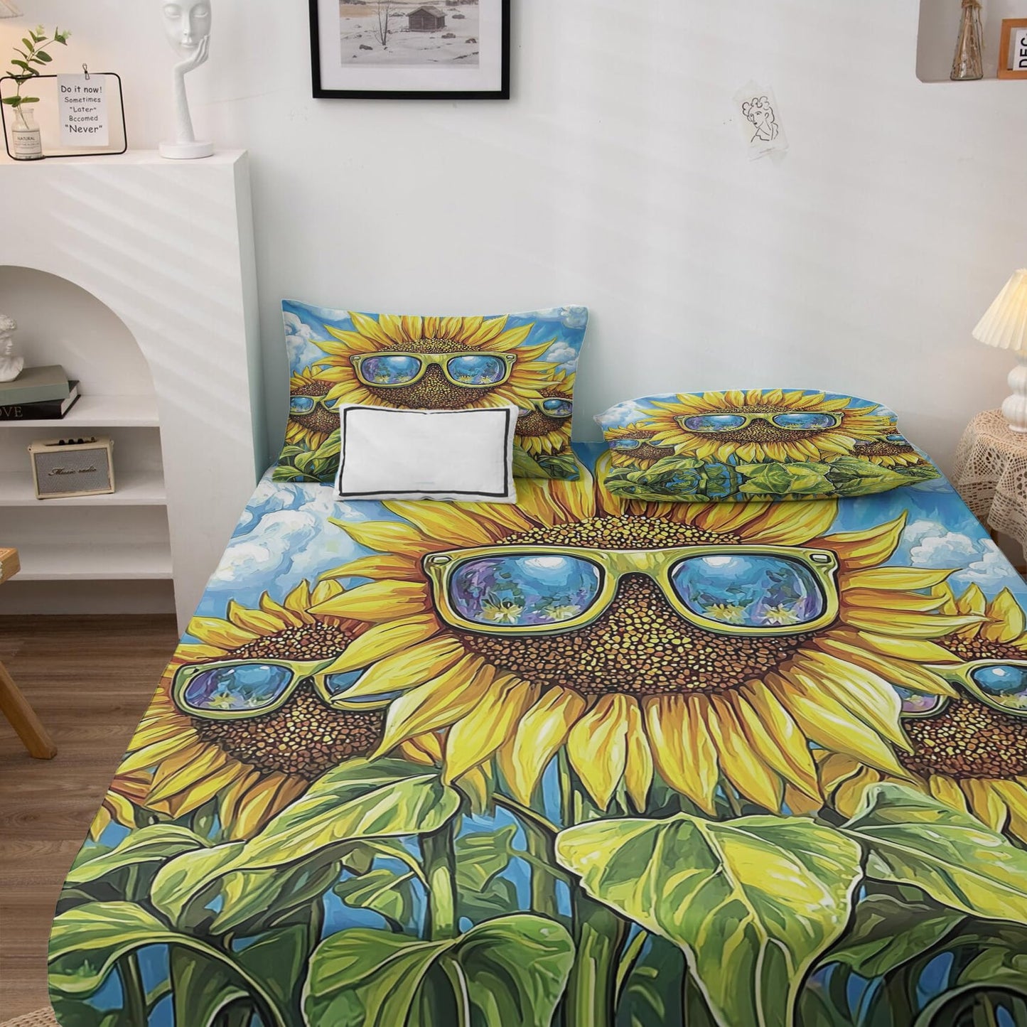 Rejkxyw King Size Sheets Set Sunflower - Funny Yellow Floral Bed Sheets - Kids Boys Girls Sheet Set - 12 Inch Deep Pocket - Ultra Soft Winkle Free Microfiber Bedding Sheets & Pillowcases 4 Piece
